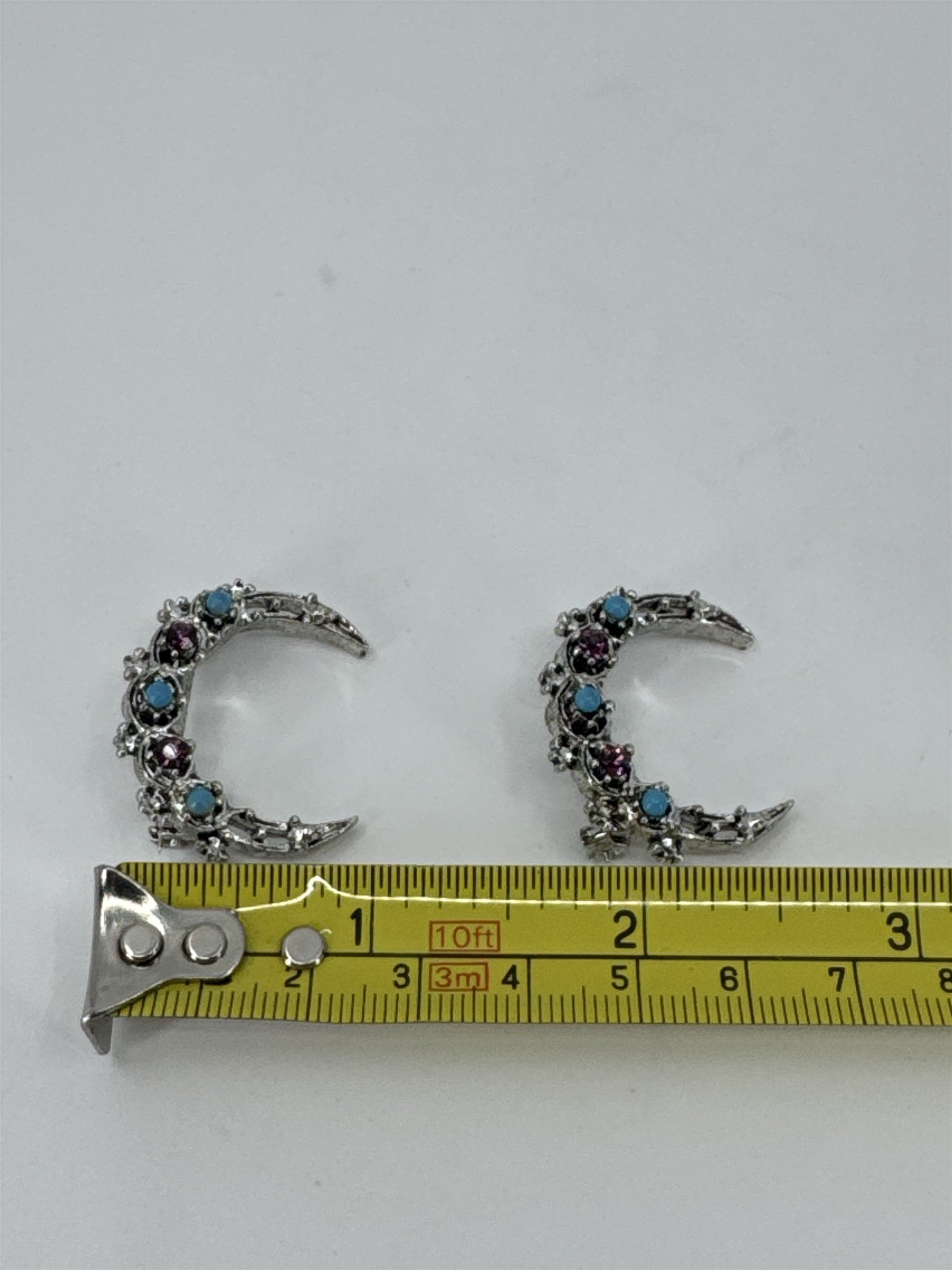 Vintage Set of 2 Signed GERRY'S Rhinestone Crescent Moon Brooch Pins Blue/Purple