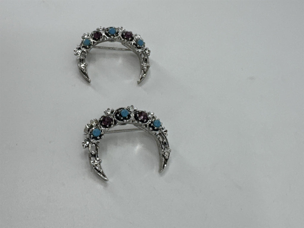 Vintage Set of 2 Signed GERRY'S Rhinestone Crescent Moon Brooch Pins Blue/Purple