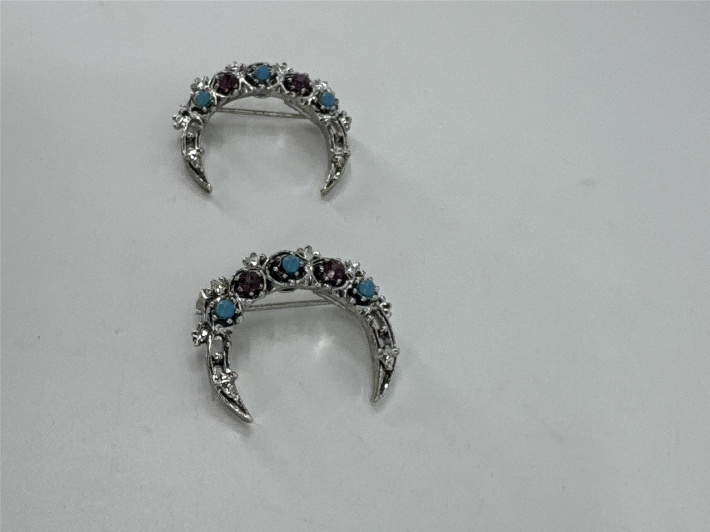 Vintage Set of 2 Signed GERRY'S Rhinestone Crescent Moon Brooch Pins Blue/Purple