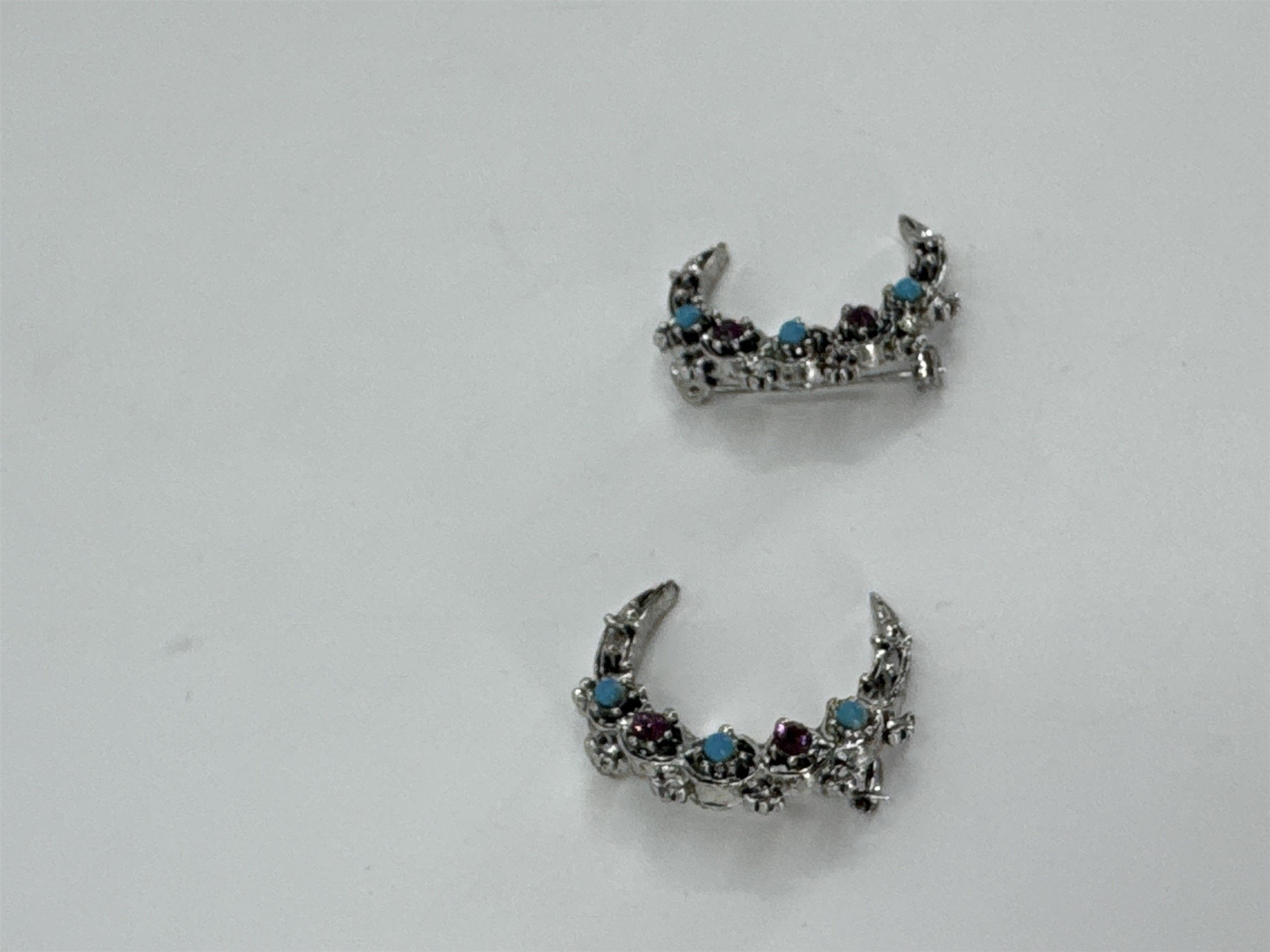 Vintage Set of 2 Signed GERRY'S Rhinestone Crescent Moon Brooch Pins Blue/Purple