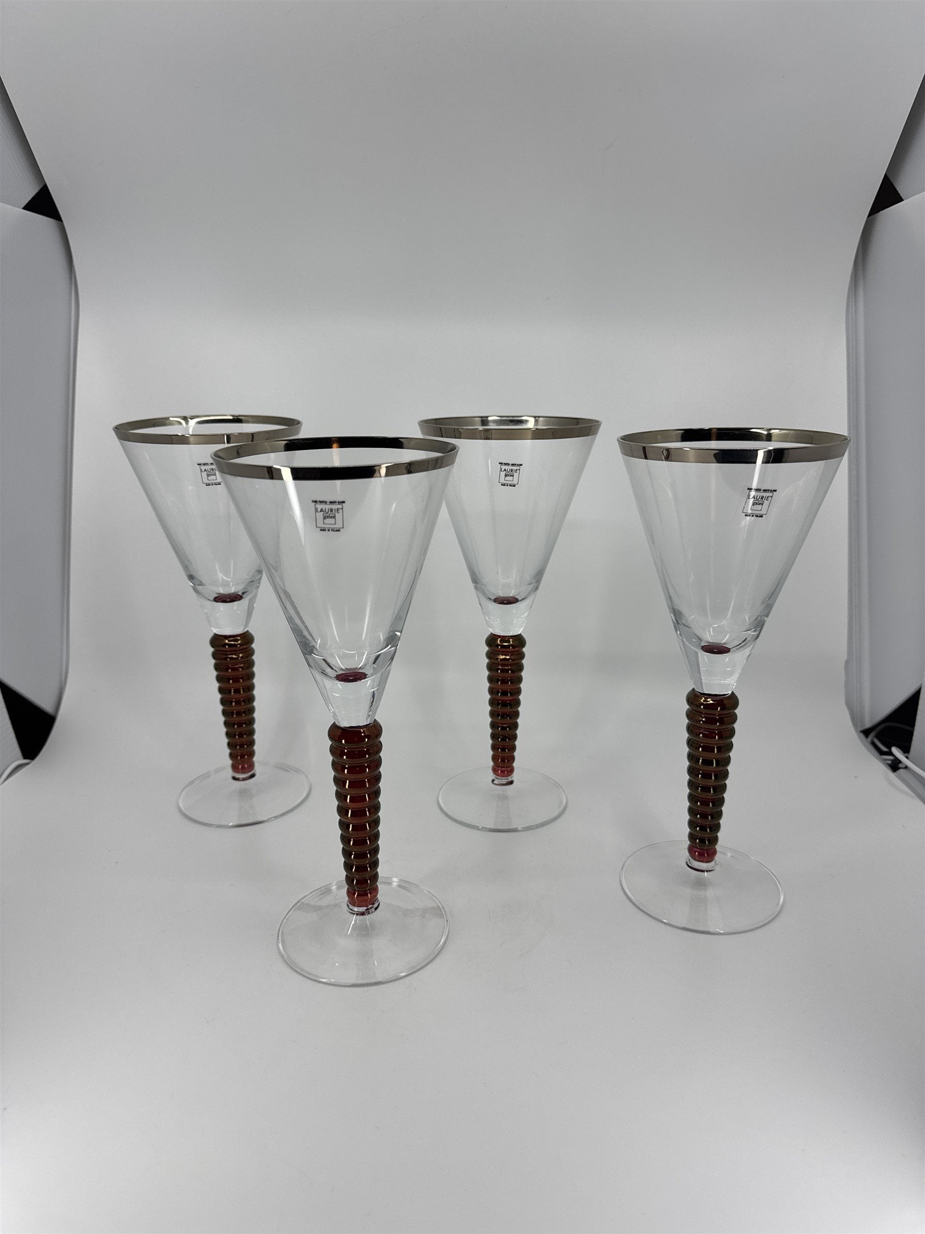 Set of 4 Laurie Gates Wine Glasses Hand Painted Mouth Blown Twisted Stems POLAND