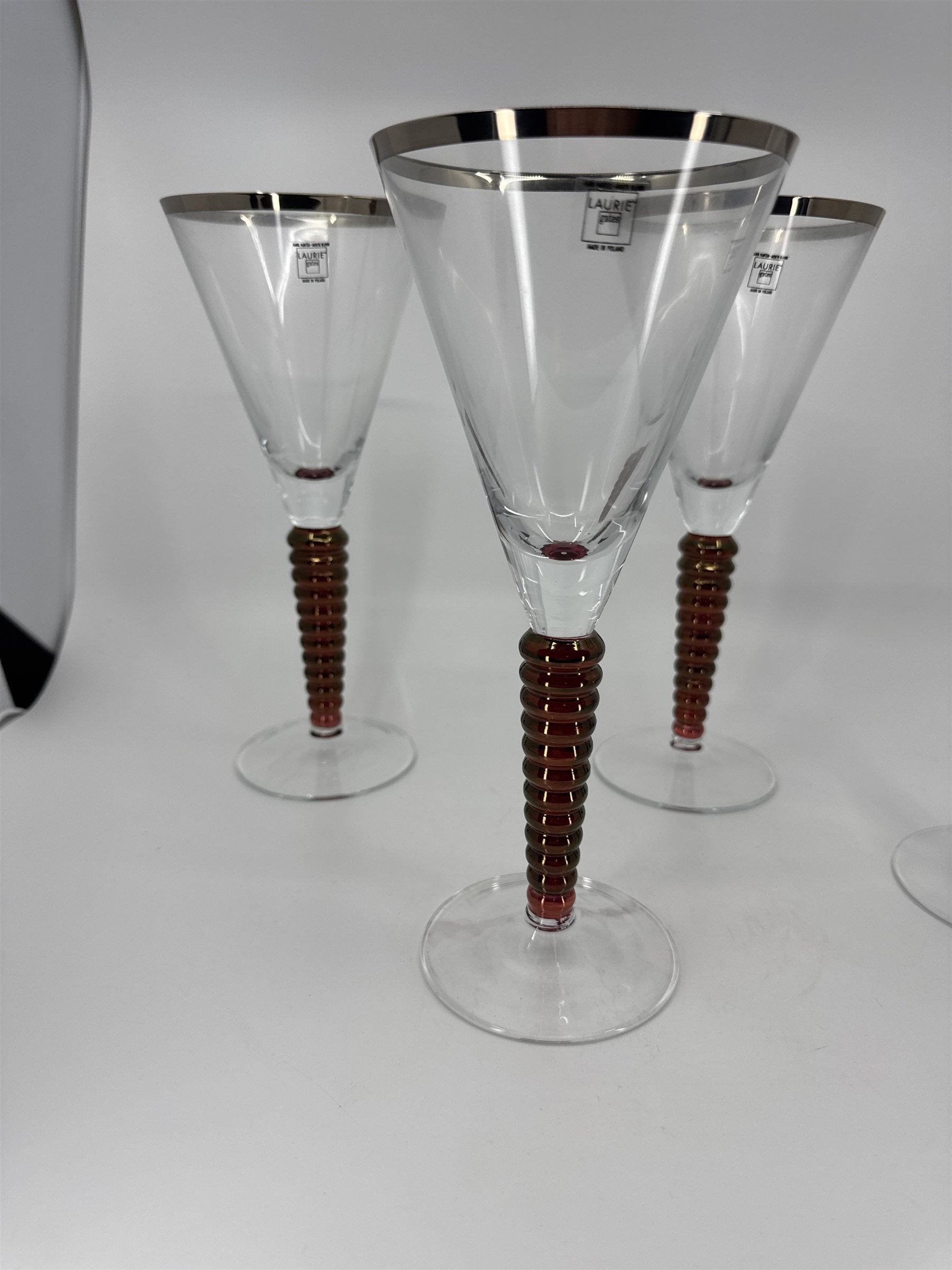 Set of 4 Laurie Gates Wine Glasses Hand Painted Mouth Blown Twisted Stems POLAND