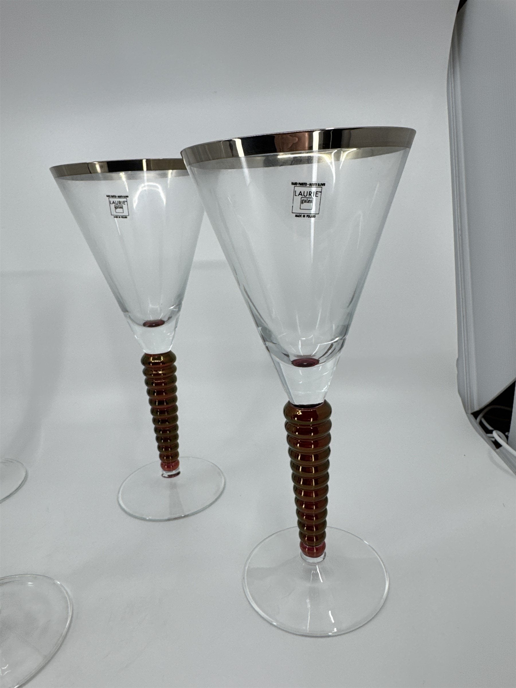 Set of 4 Laurie Gates Wine Glasses Hand Painted Mouth Blown Twisted Stems POLAND