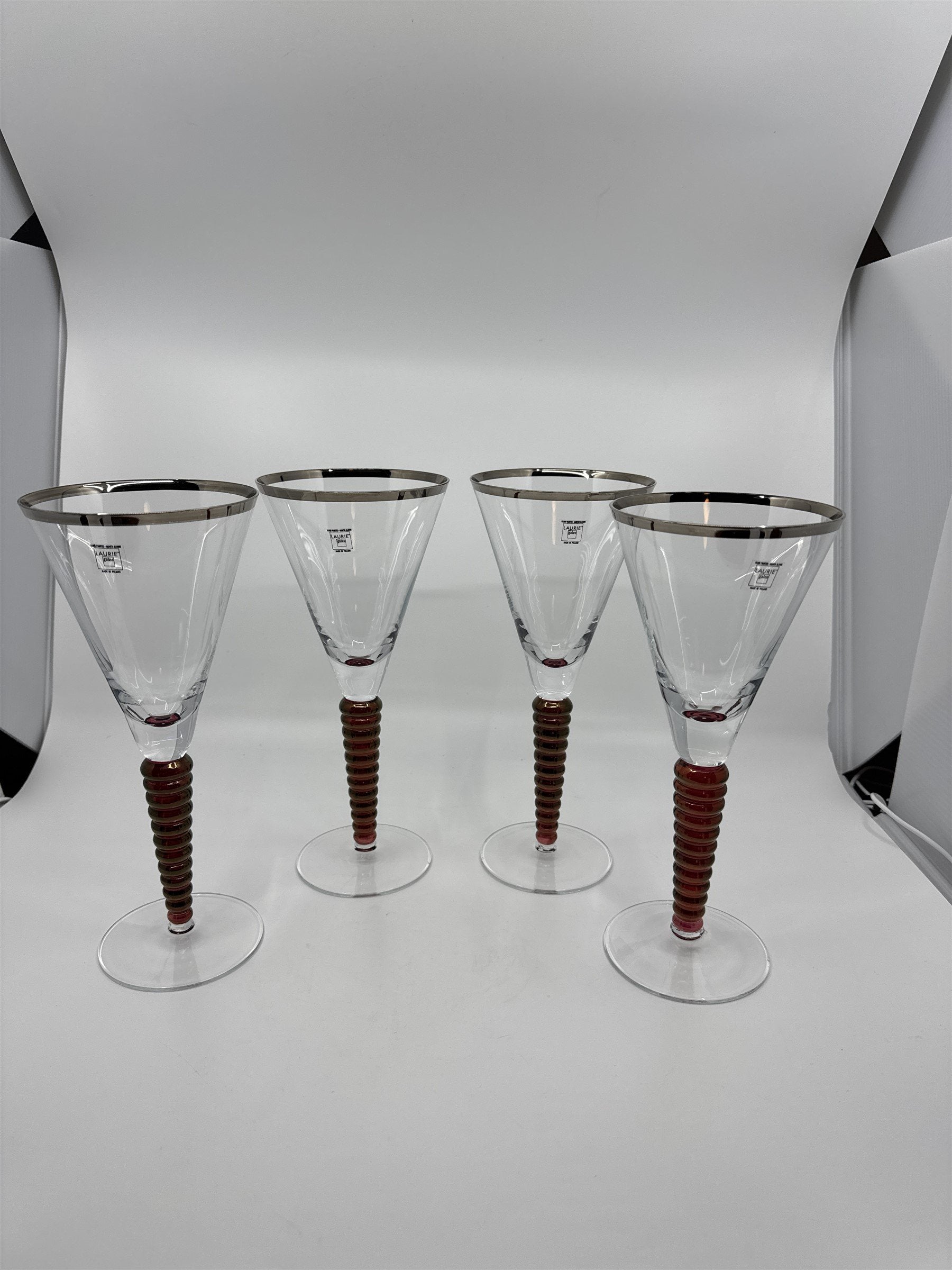 Set of 4 Laurie Gates Wine Glasses Hand Painted Mouth Blown Twisted Stems POLAND