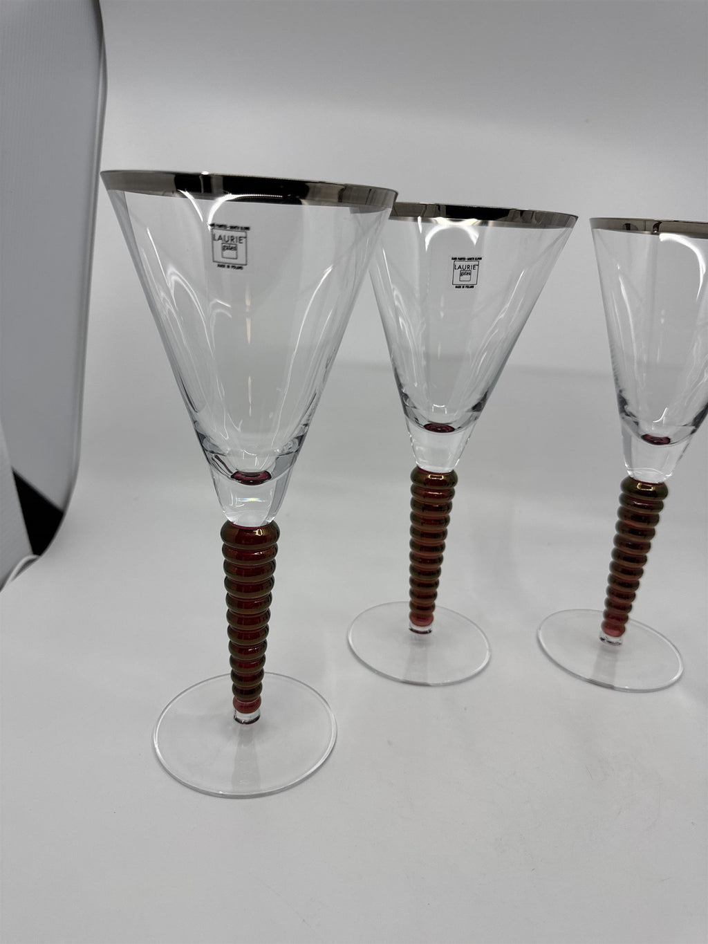 Set of 4 Laurie Gates Wine Glasses Hand Painted Mouth Blown Twisted Stems POLAND