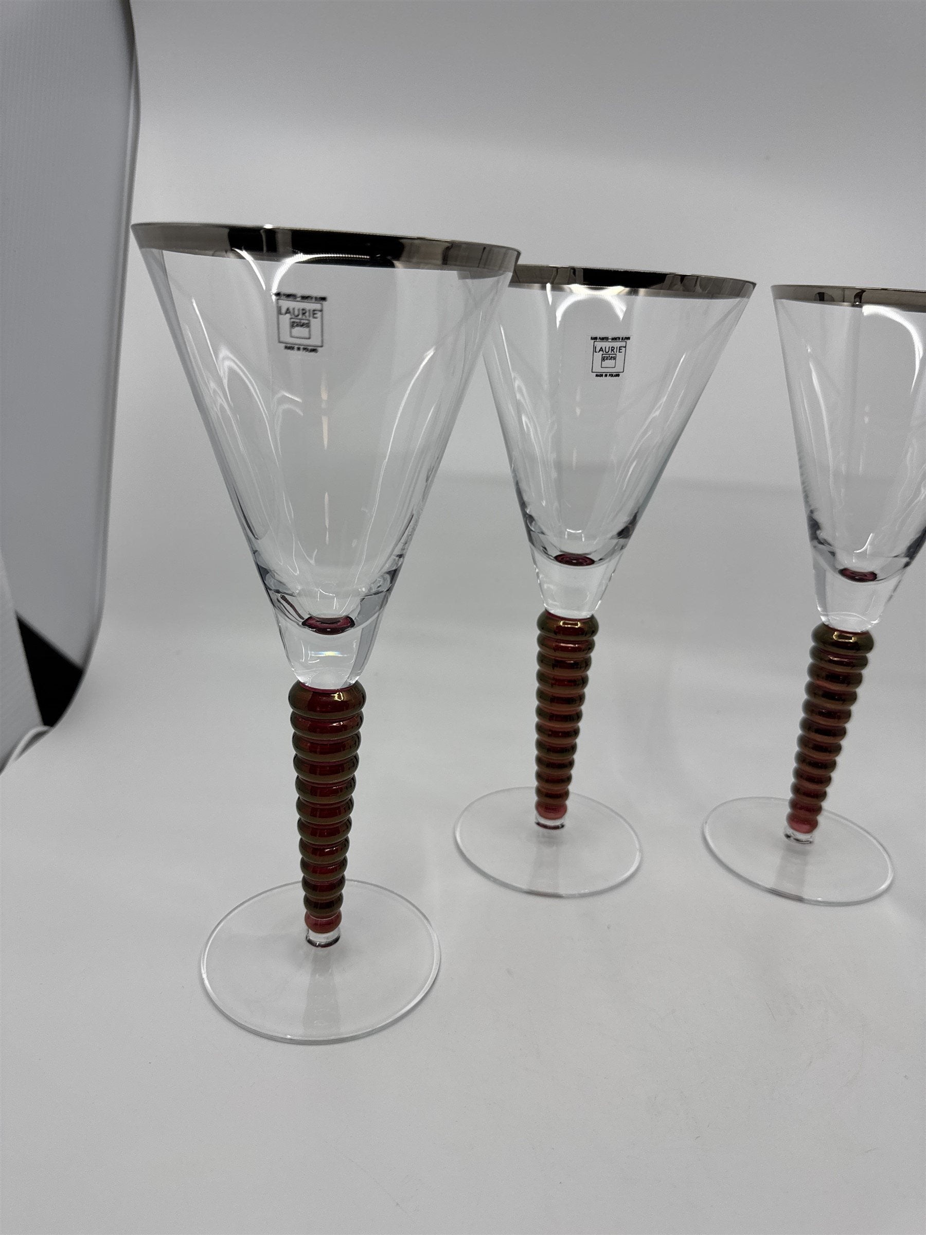 Set of 4 Laurie Gates Wine Glasses Hand Painted Mouth Blown Twisted Stems POLAND