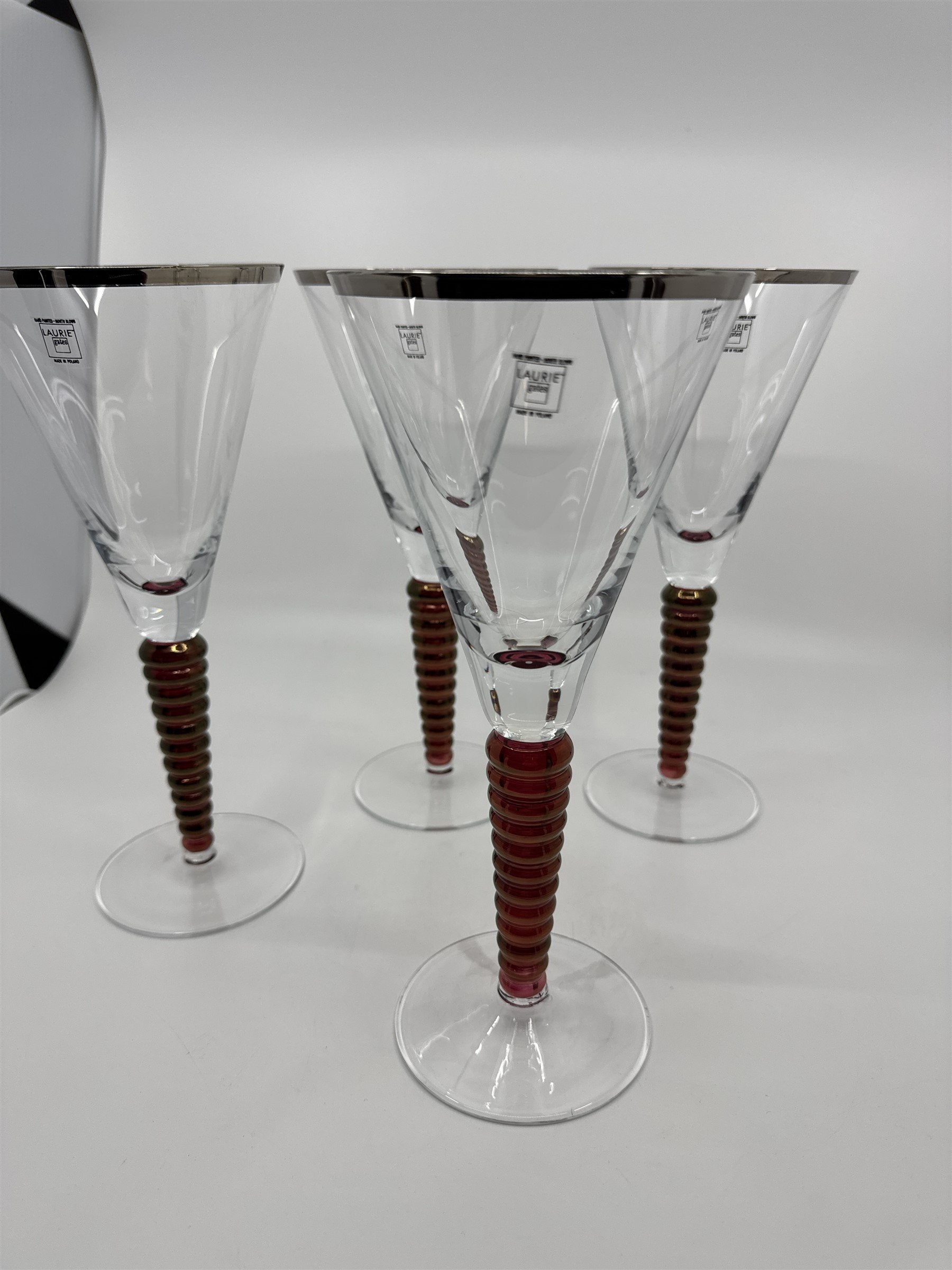 Set of 4 Laurie Gates Wine Glasses Hand Painted Mouth Blown Twisted Stems POLAND