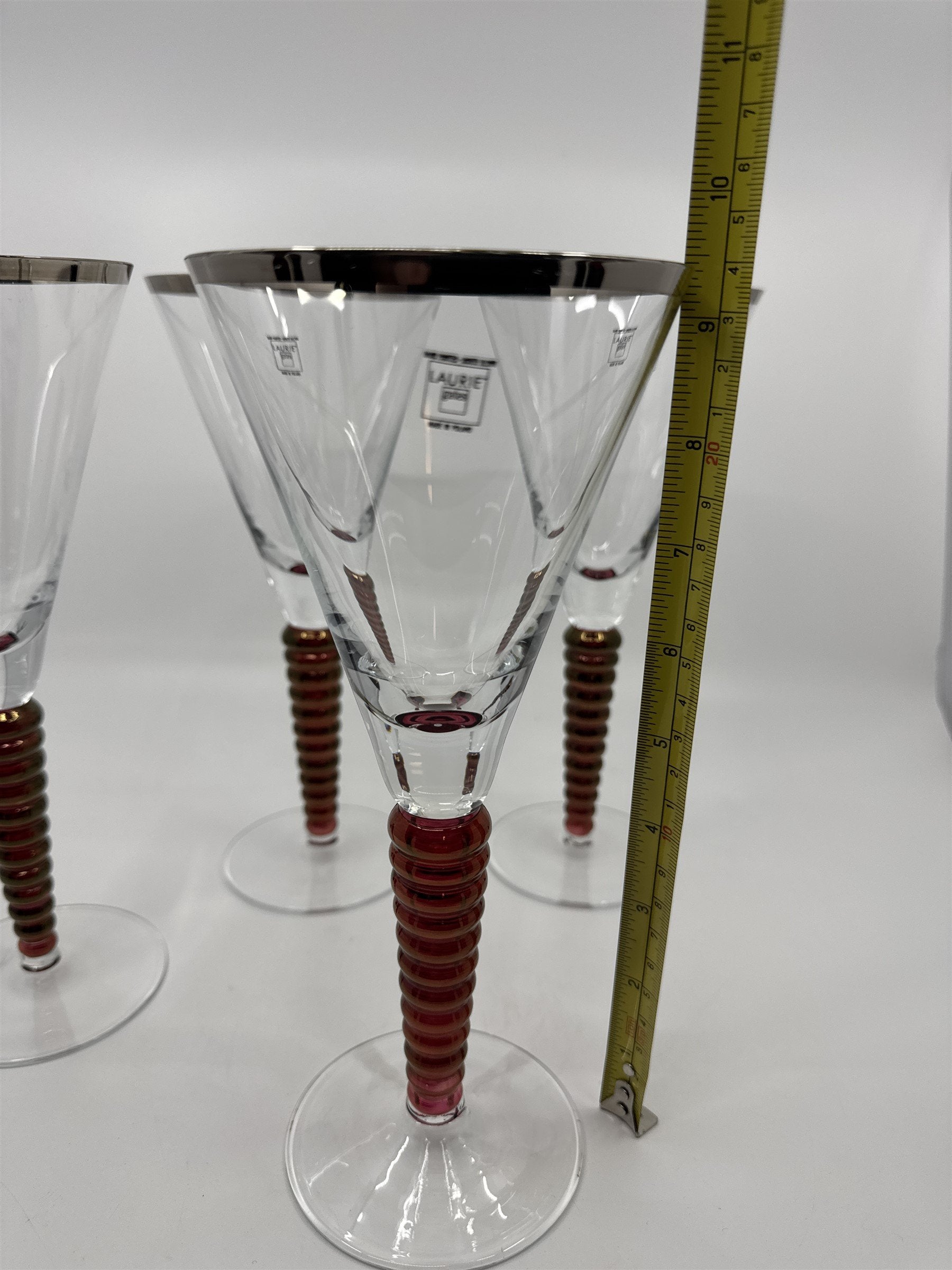 Set of 4 Laurie Gates Wine Glasses Hand Painted Mouth Blown Twisted Stems POLAND