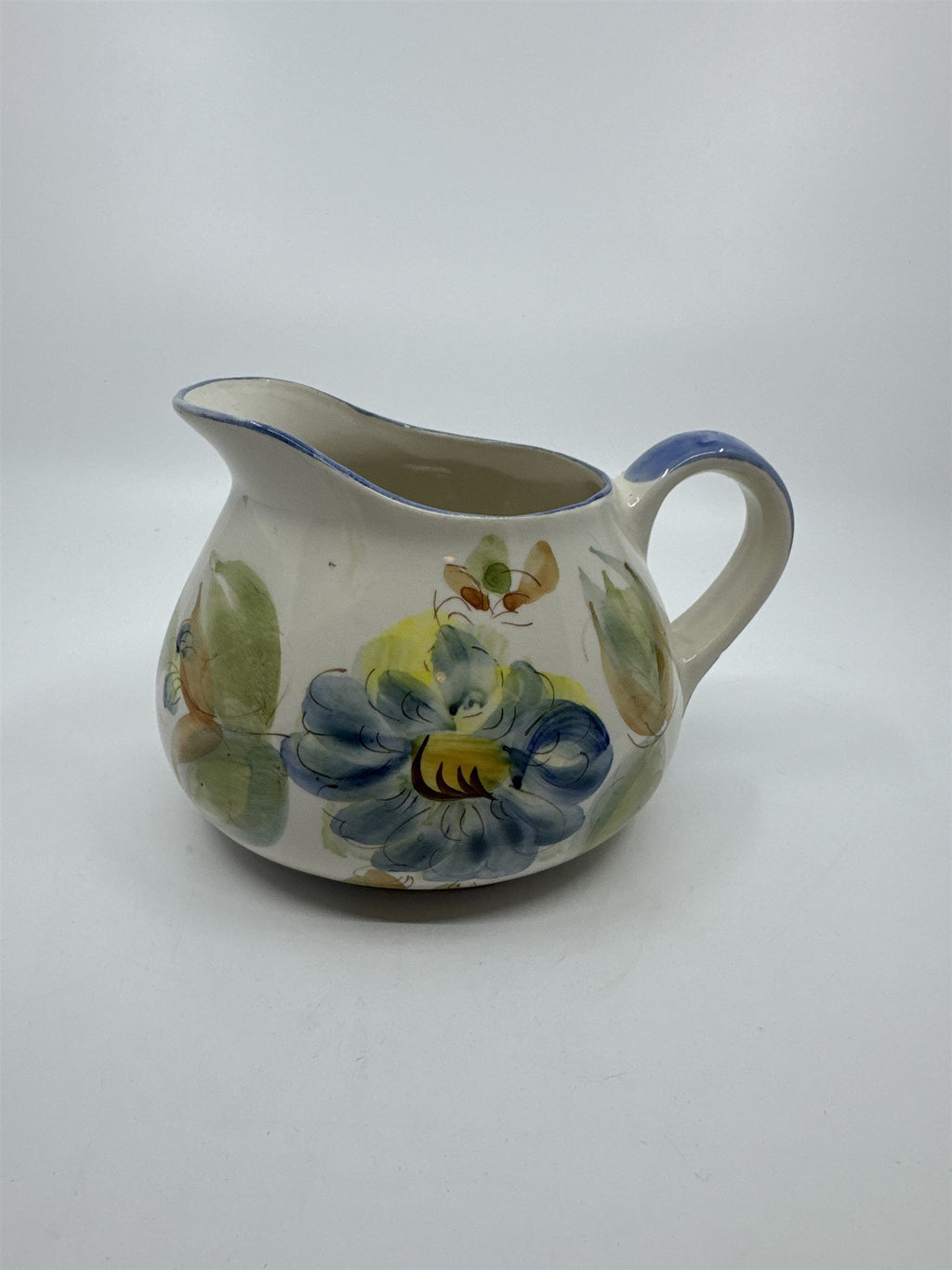 Vintage Hand Painted Floral Pitcher Milk Creamer Wine Water Jug Portugal Pottery