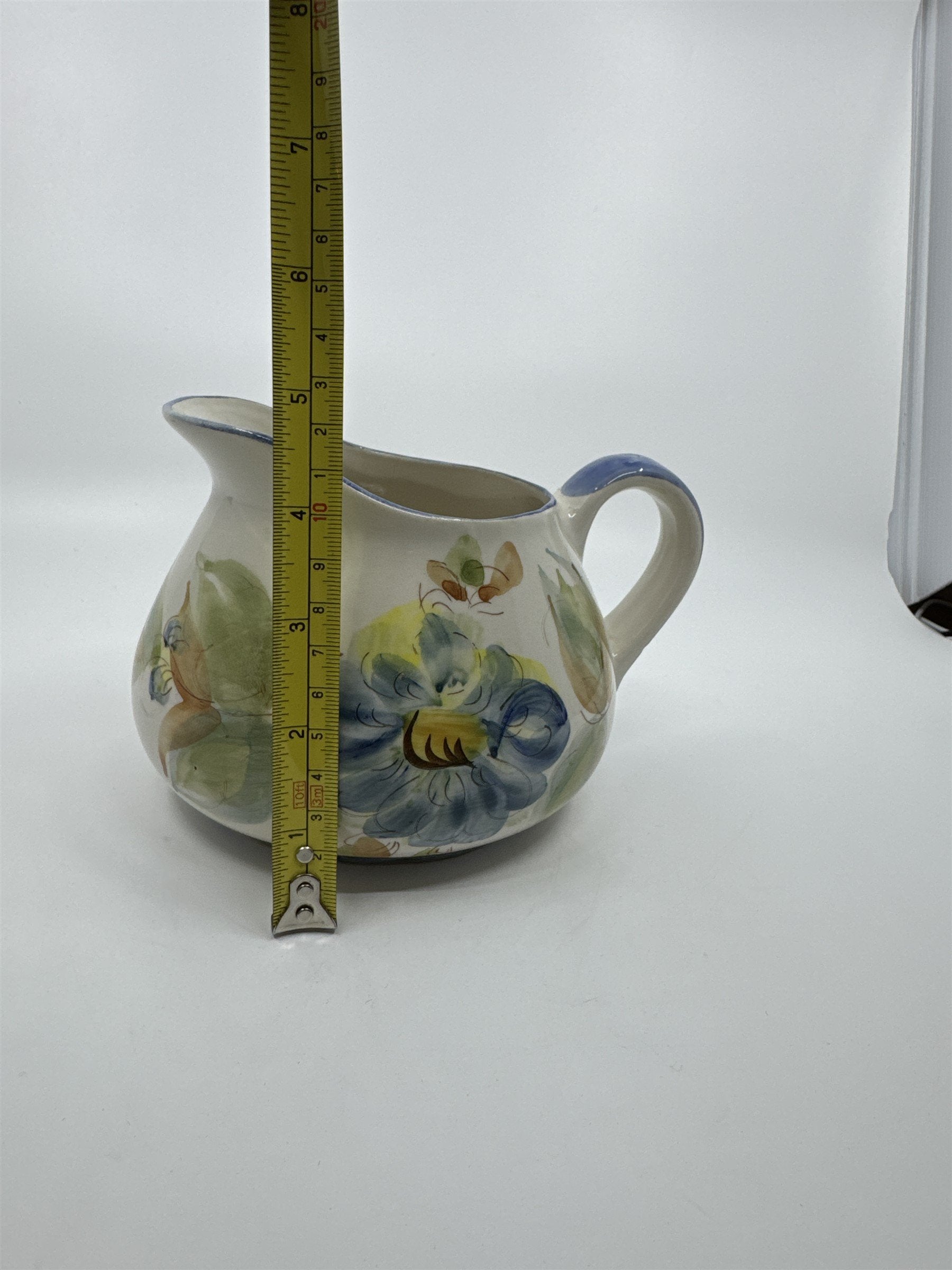 Vintage Hand Painted Floral Pitcher Milk Creamer Wine Water Jug Portugal Pottery
