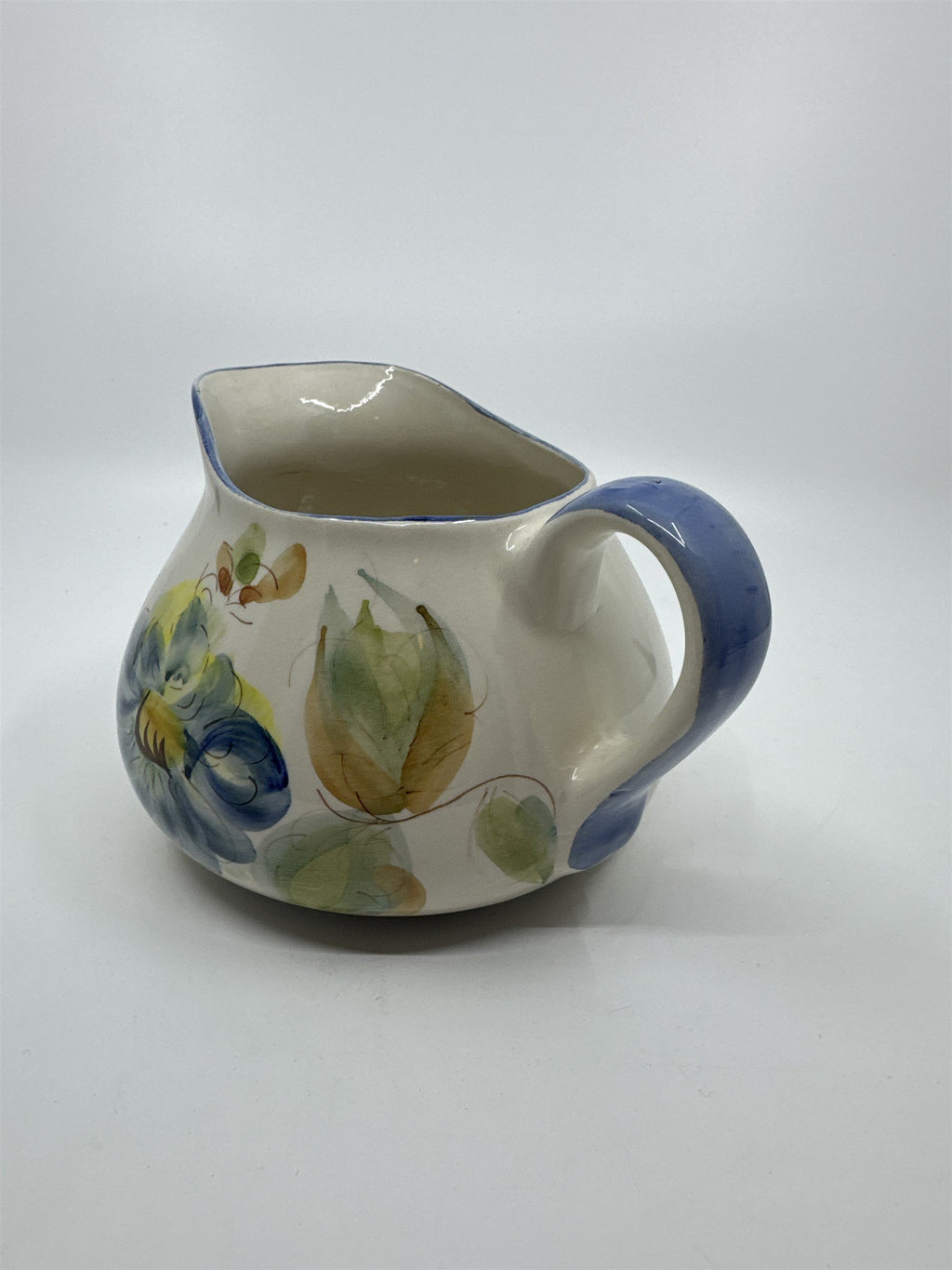 Vintage Hand Painted Floral Pitcher Milk Creamer Wine Water Jug Portugal Pottery