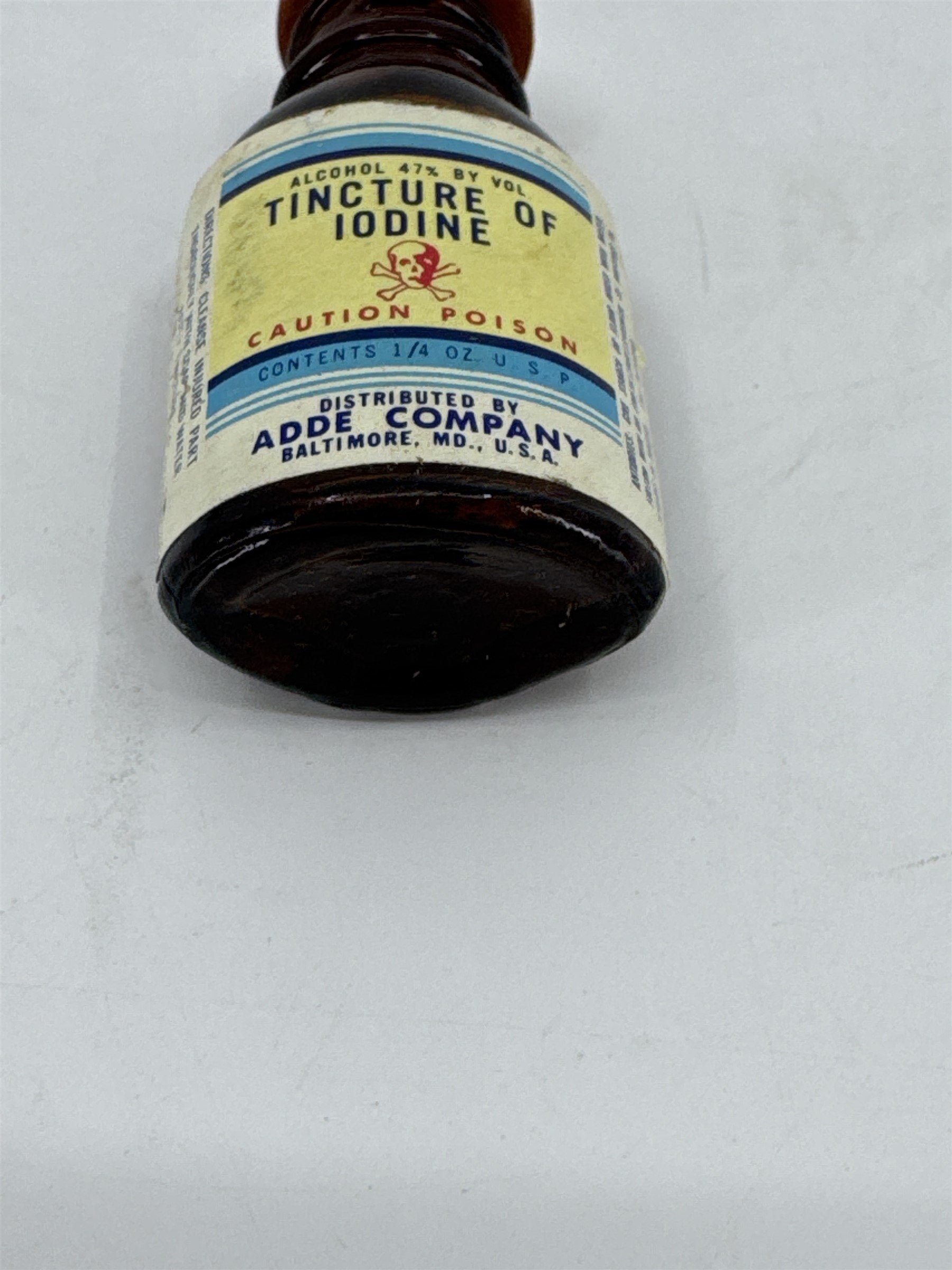 Vintage Tincture of Iodine Bottle Skull & Crossbones ADDE CO. Baltimore MD 1/4oz
