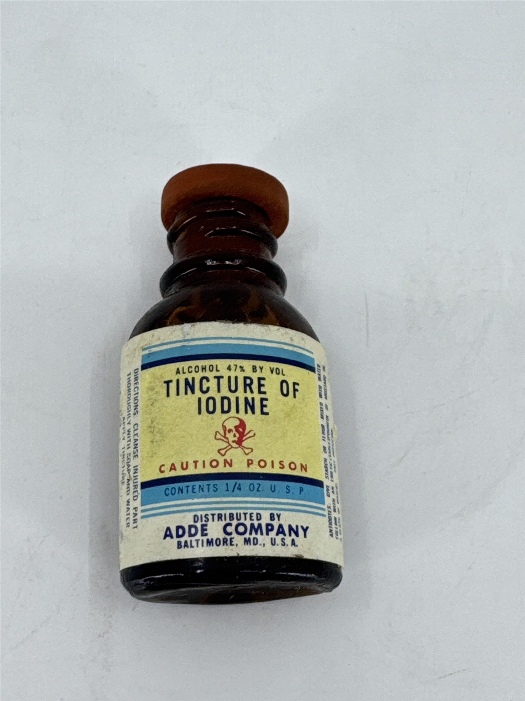 Vintage Tincture of Iodine Bottle Skull & Crossbones ADDE CO. Baltimore MD 1/4oz