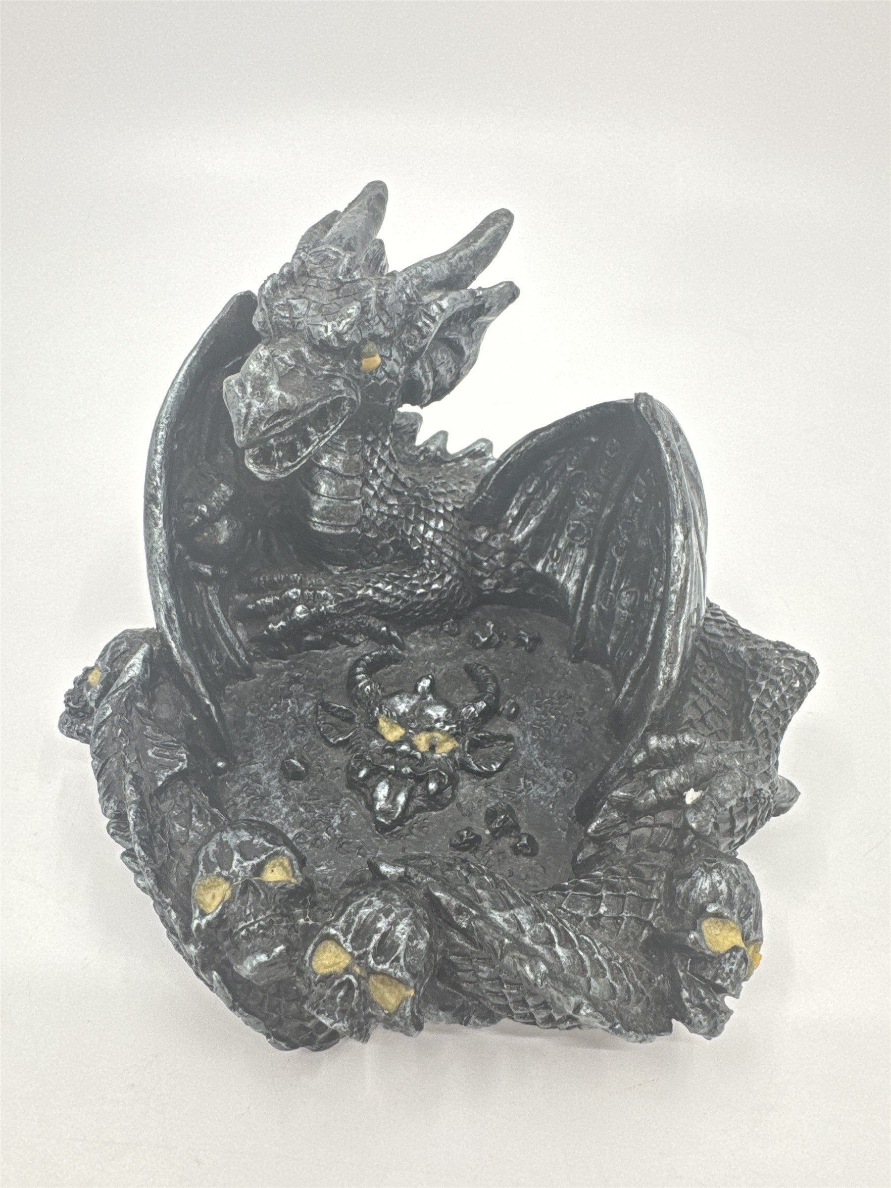 Vintage Resin Dragon Jewelry Dish Devil Tongue Out Skulls Tray Hand Embellished