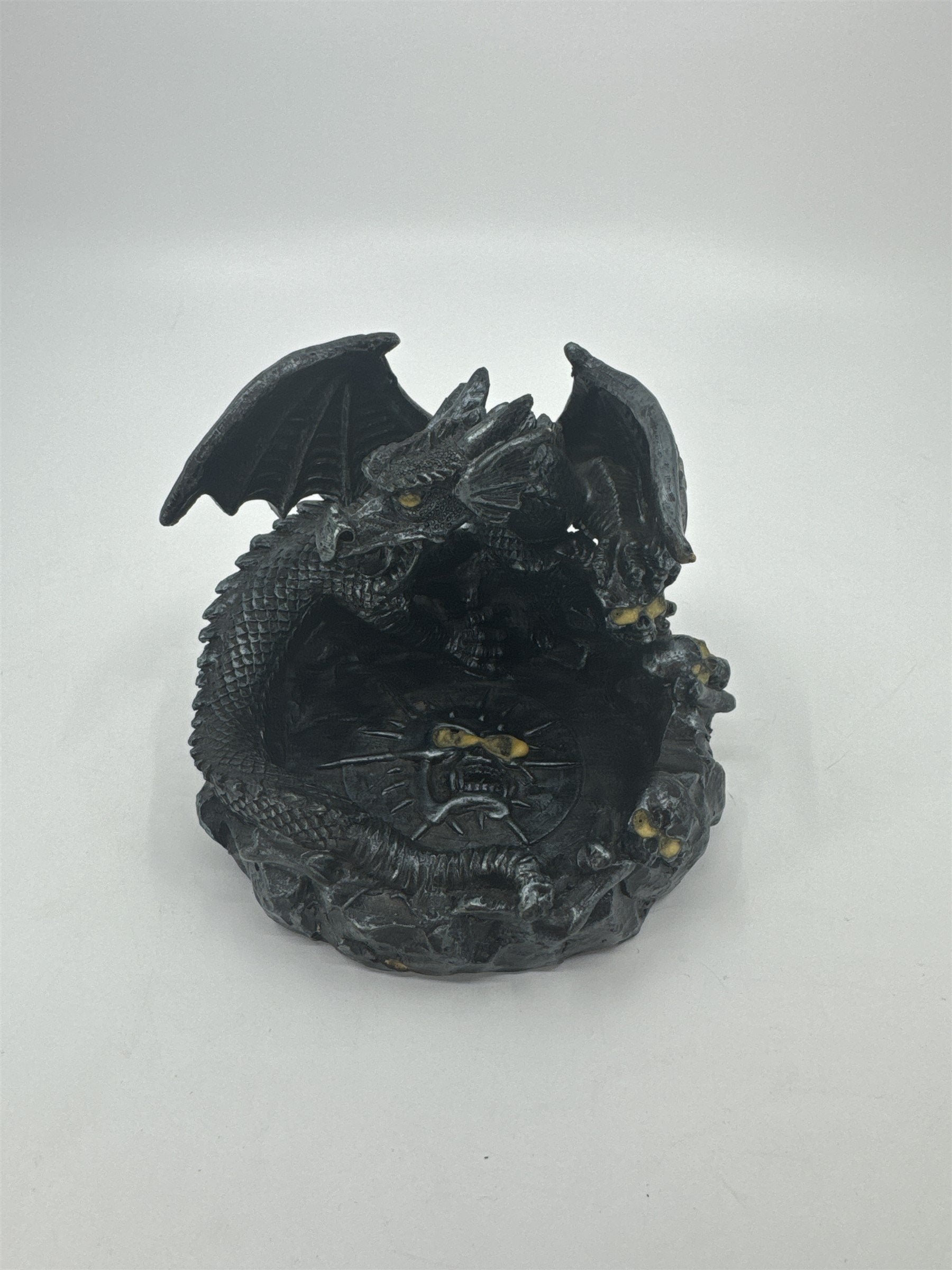 Vintage Resin Dragon Jewelry Dish Bright Eyed Skull Center Tray Hand Embellished