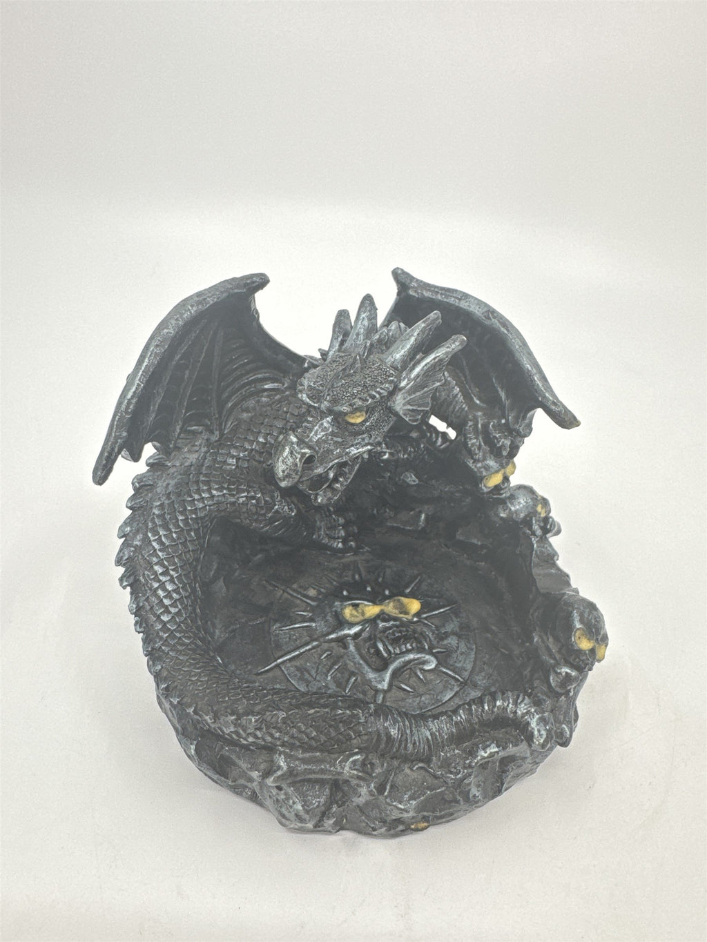 Vintage Resin Dragon Jewelry Dish Bright Eyed Skull Center Tray Hand Embellished