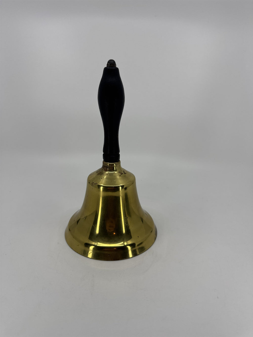 Vintage 9" Brass School Teacher Hand Held Bell LARGE Black Wood Handle LOUD Ring