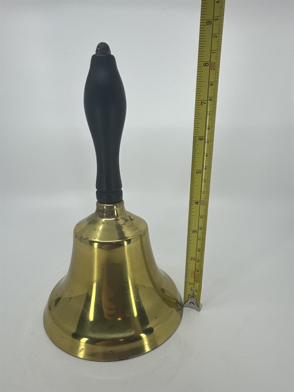 Vintage 9" Brass School Teacher Hand Held Bell LARGE Black Wood Handle LOUD Ring