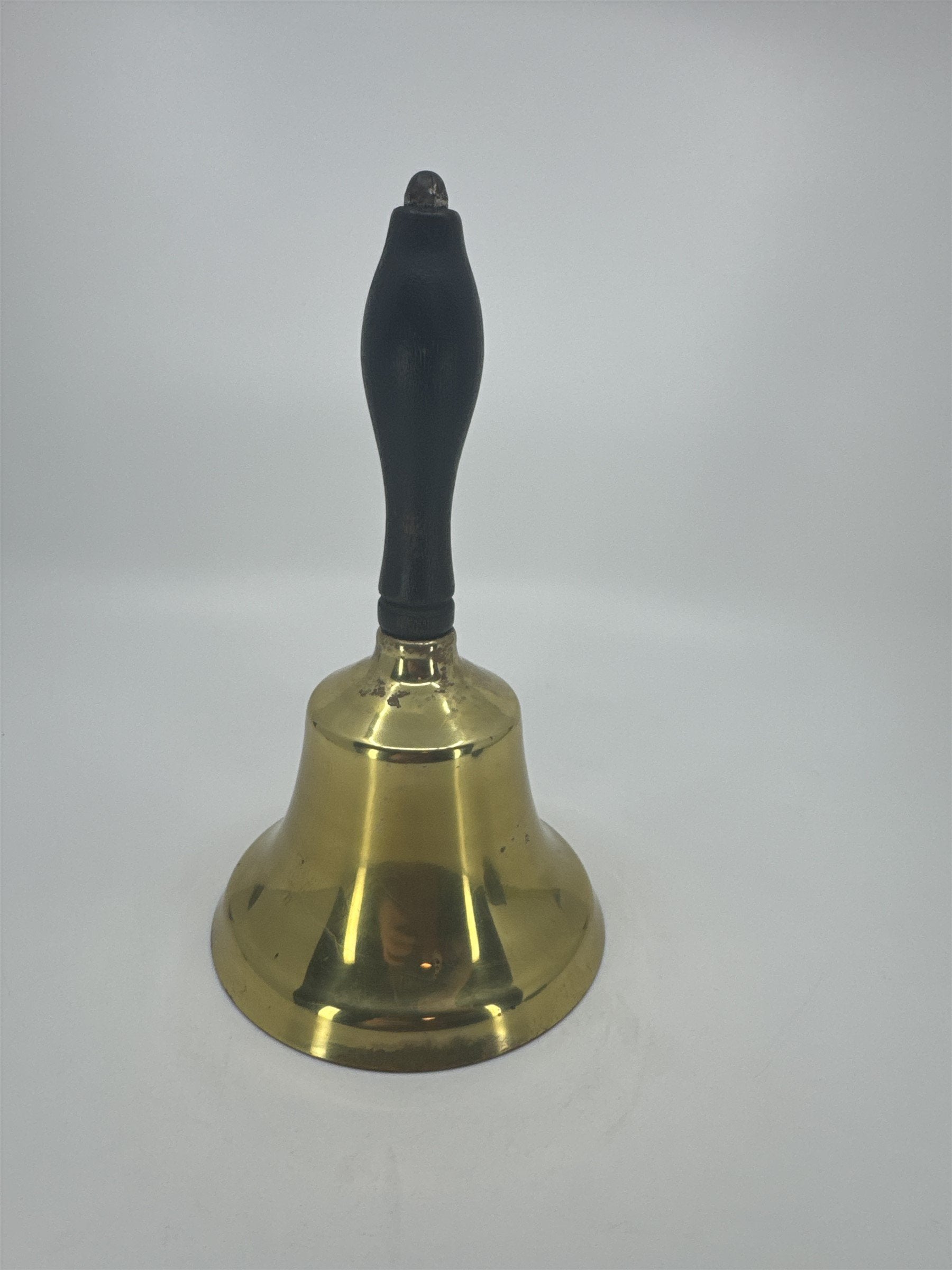 Vintage 9" Brass School Teacher Hand Held Bell LARGE Black Wood Handle LOUD Ring