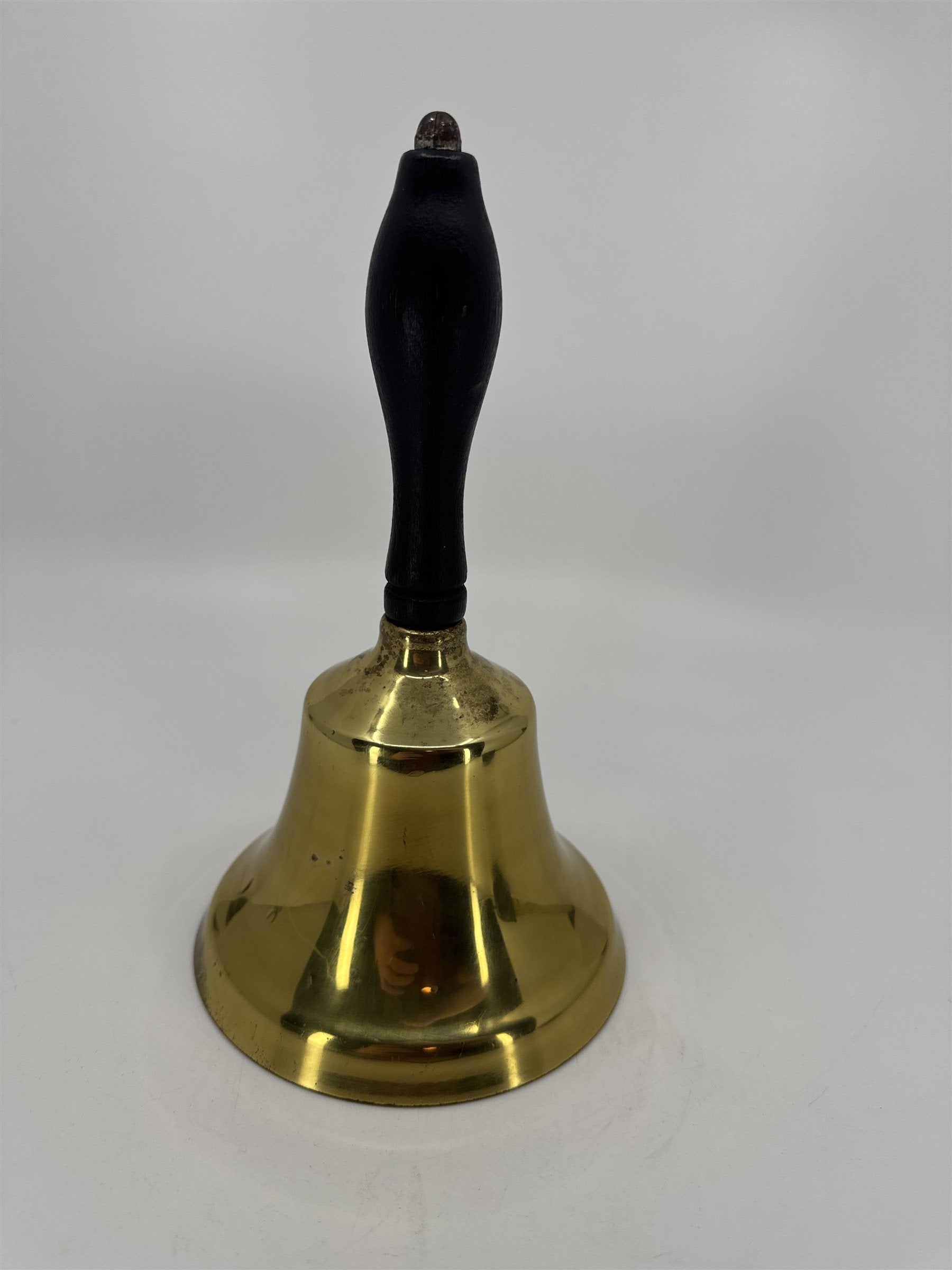 Vintage 9" Brass School Teacher Hand Held Bell LARGE Black Wood Handle LOUD Ring