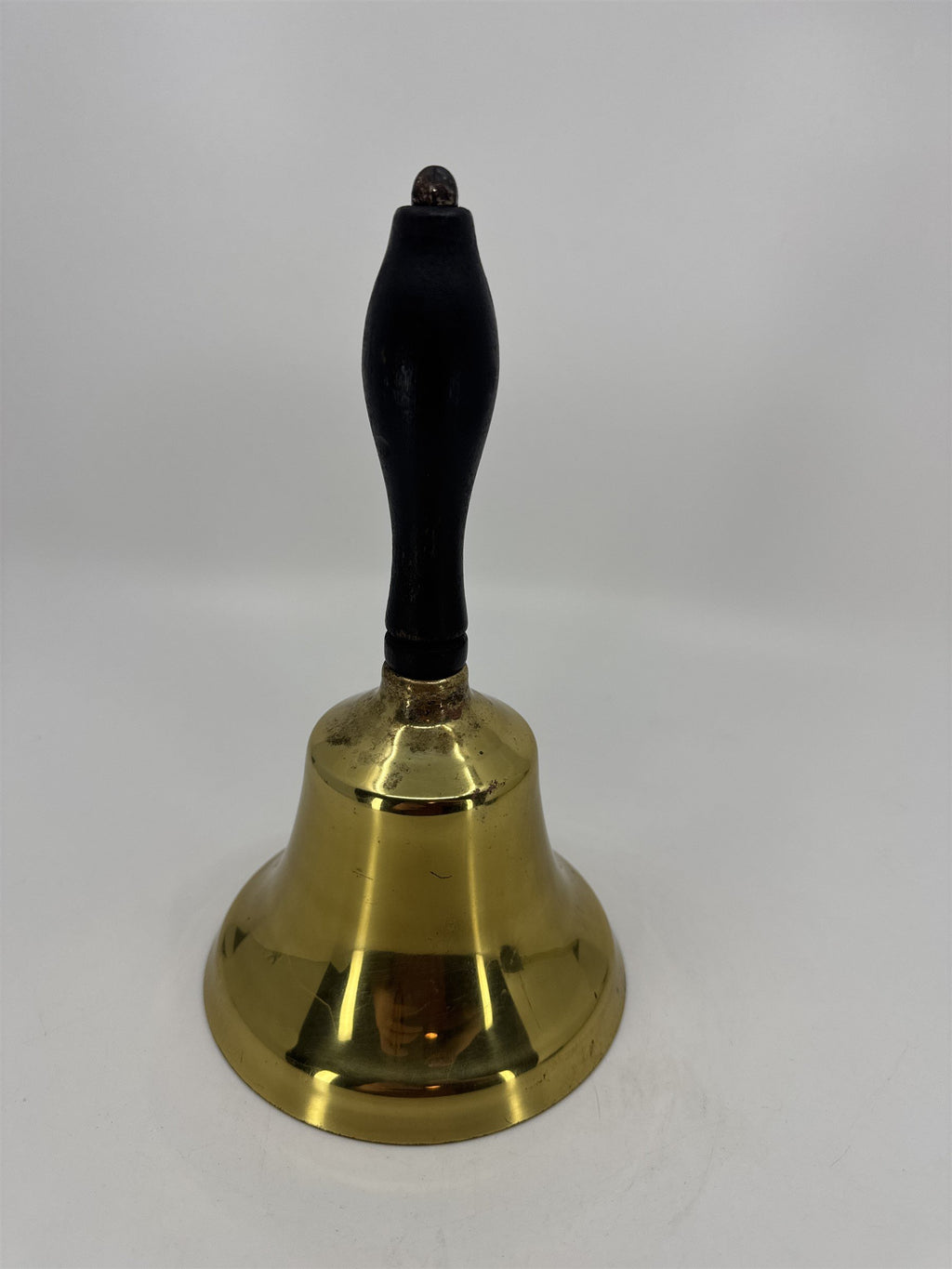 Vintage 9" Brass School Teacher Hand Held Bell LARGE Black Wood Handle LOUD Ring