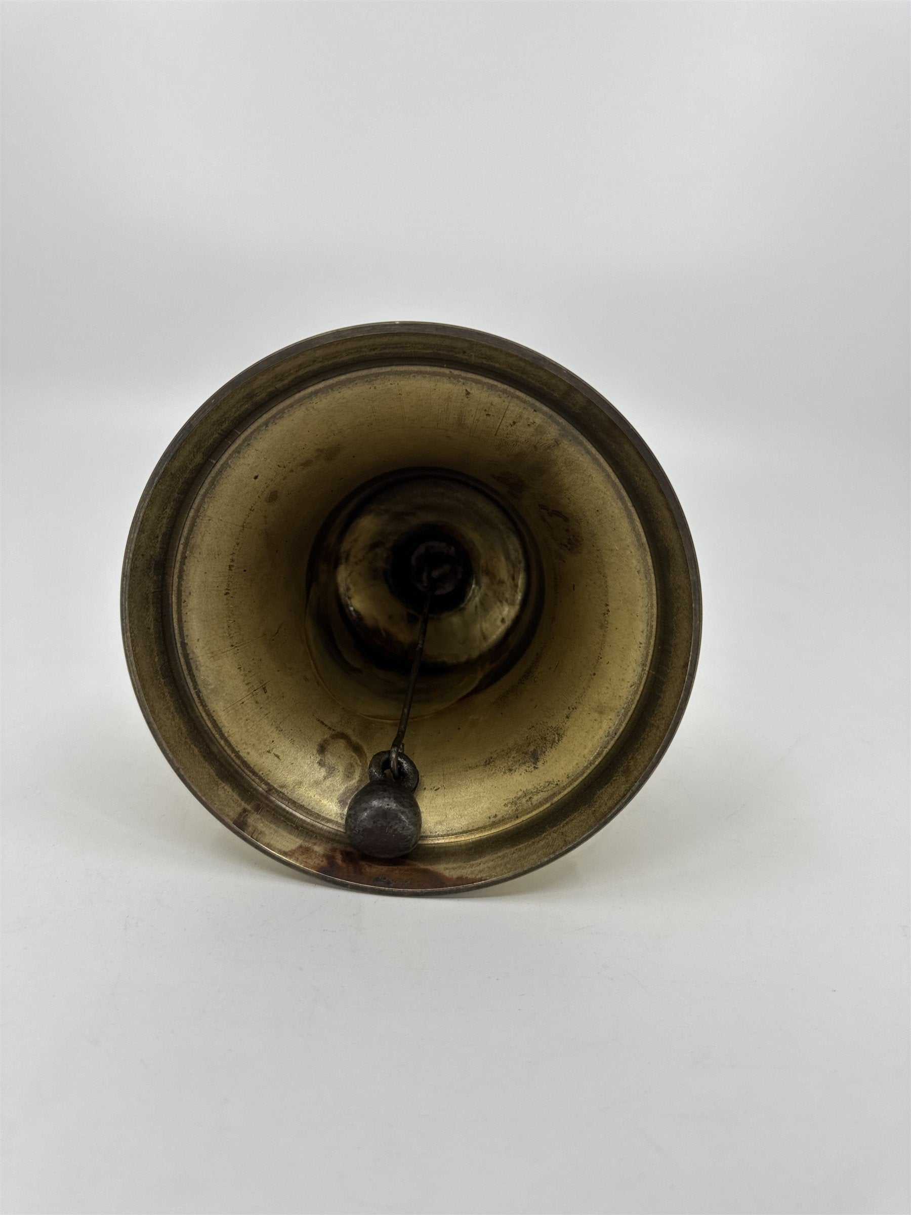 Vintage 9" Brass School Teacher Hand Held Bell LARGE Black Wood Handle LOUD Ring