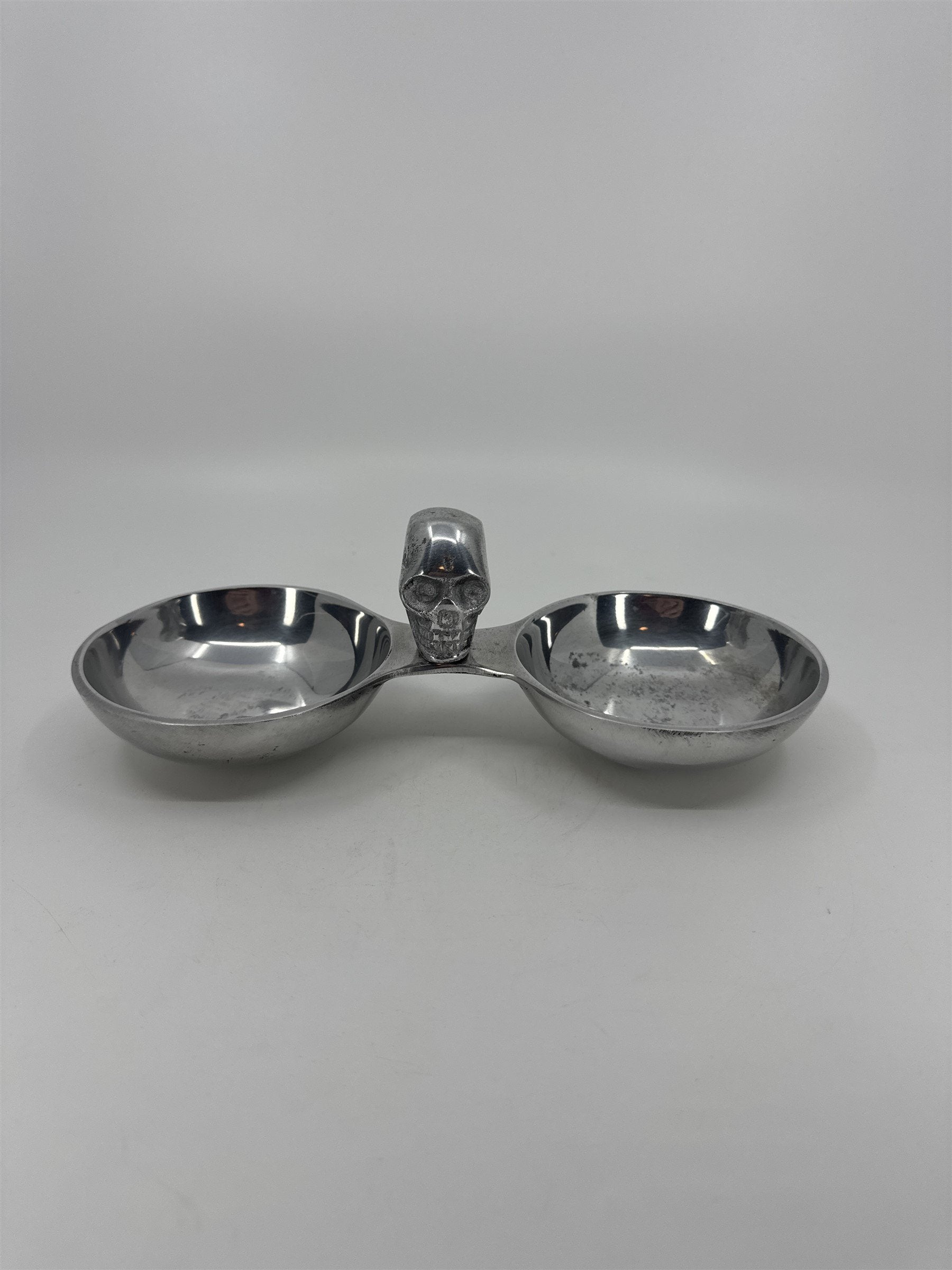 Silver-Toned Metal Snack Trinket Bowl 2-Dish Skull Center Halloween Tray India