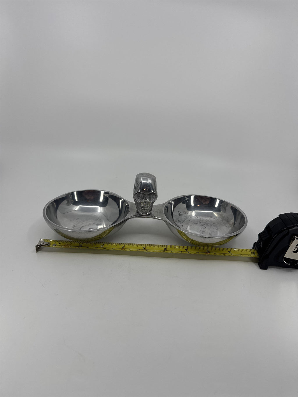 Silver-Toned Metal Snack Trinket Bowl 2-Dish Skull Center Halloween Tray India