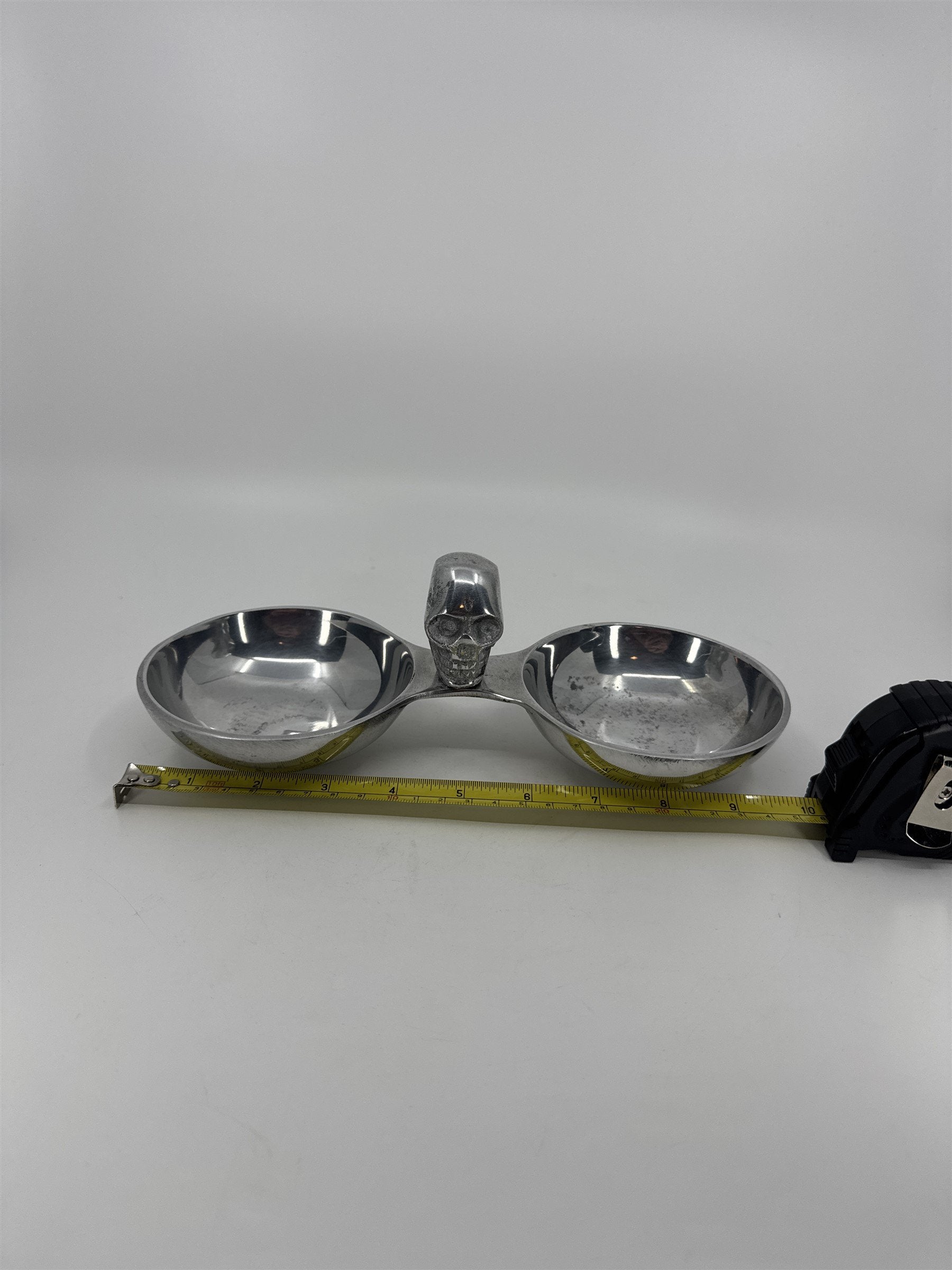Silver-Toned Metal Snack Trinket Bowl 2-Dish Skull Center Halloween Tray India