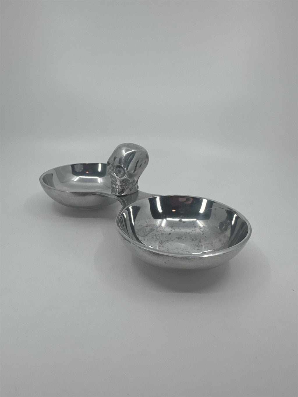 Silver-Toned Metal Snack Trinket Bowl 2-Dish Skull Center Halloween Tray India