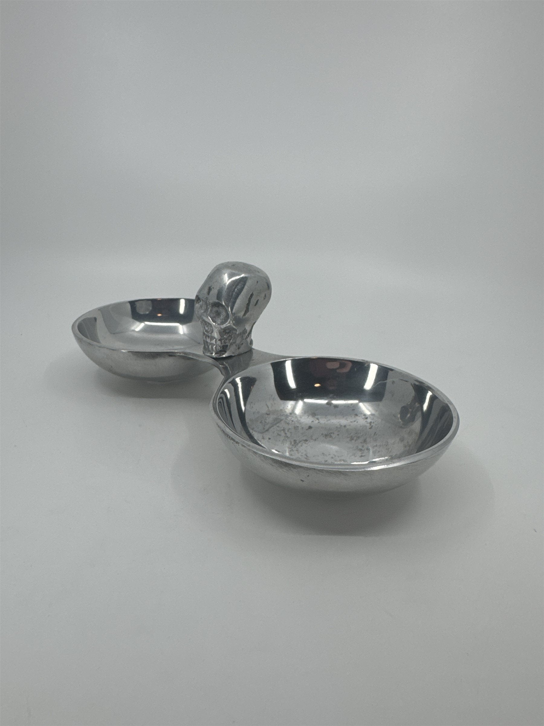 Silver-Toned Metal Snack Trinket Bowl 2-Dish Skull Center Halloween Tray India