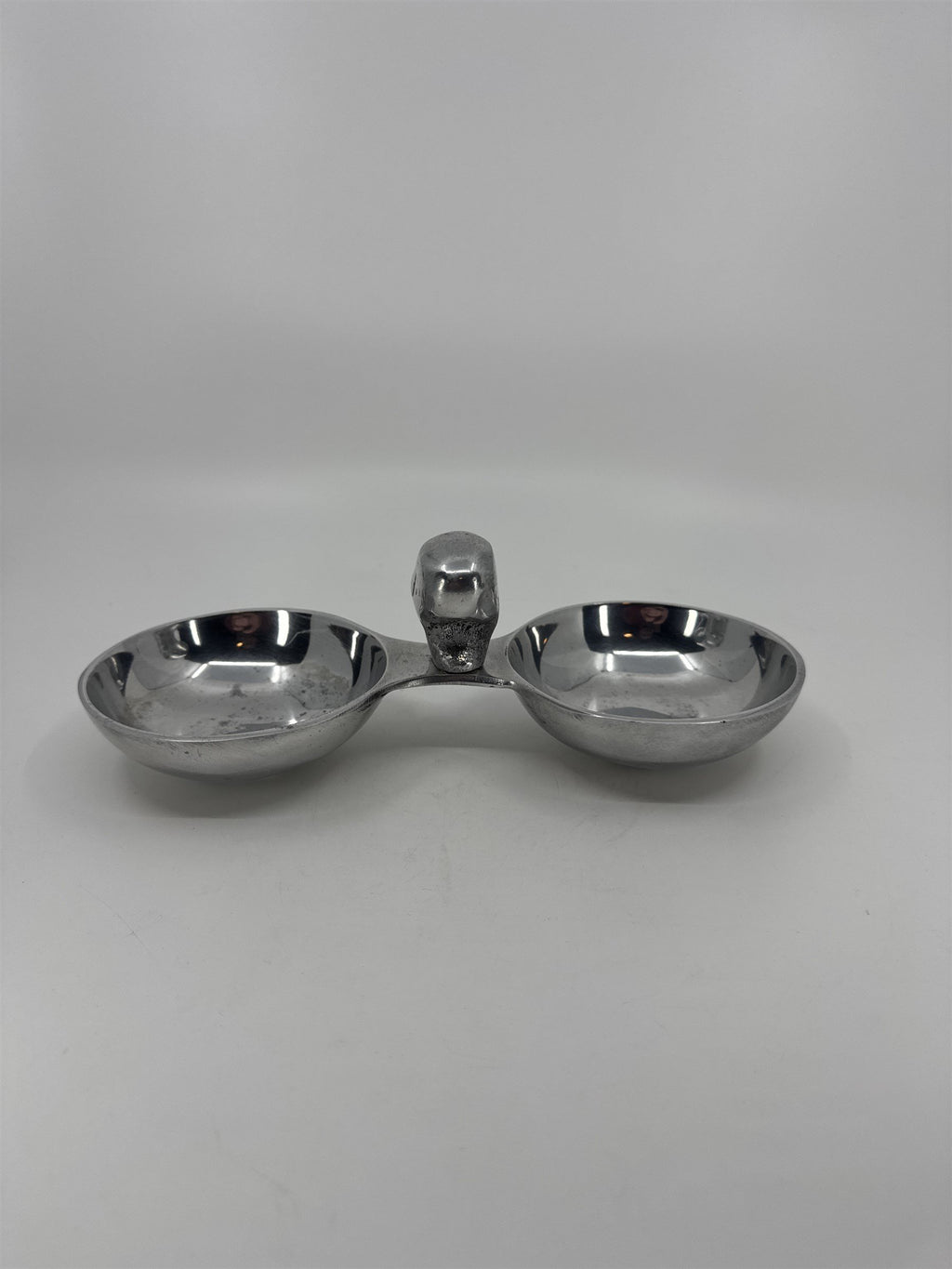 Silver-Toned Metal Snack Trinket Bowl 2-Dish Skull Center Halloween Tray India