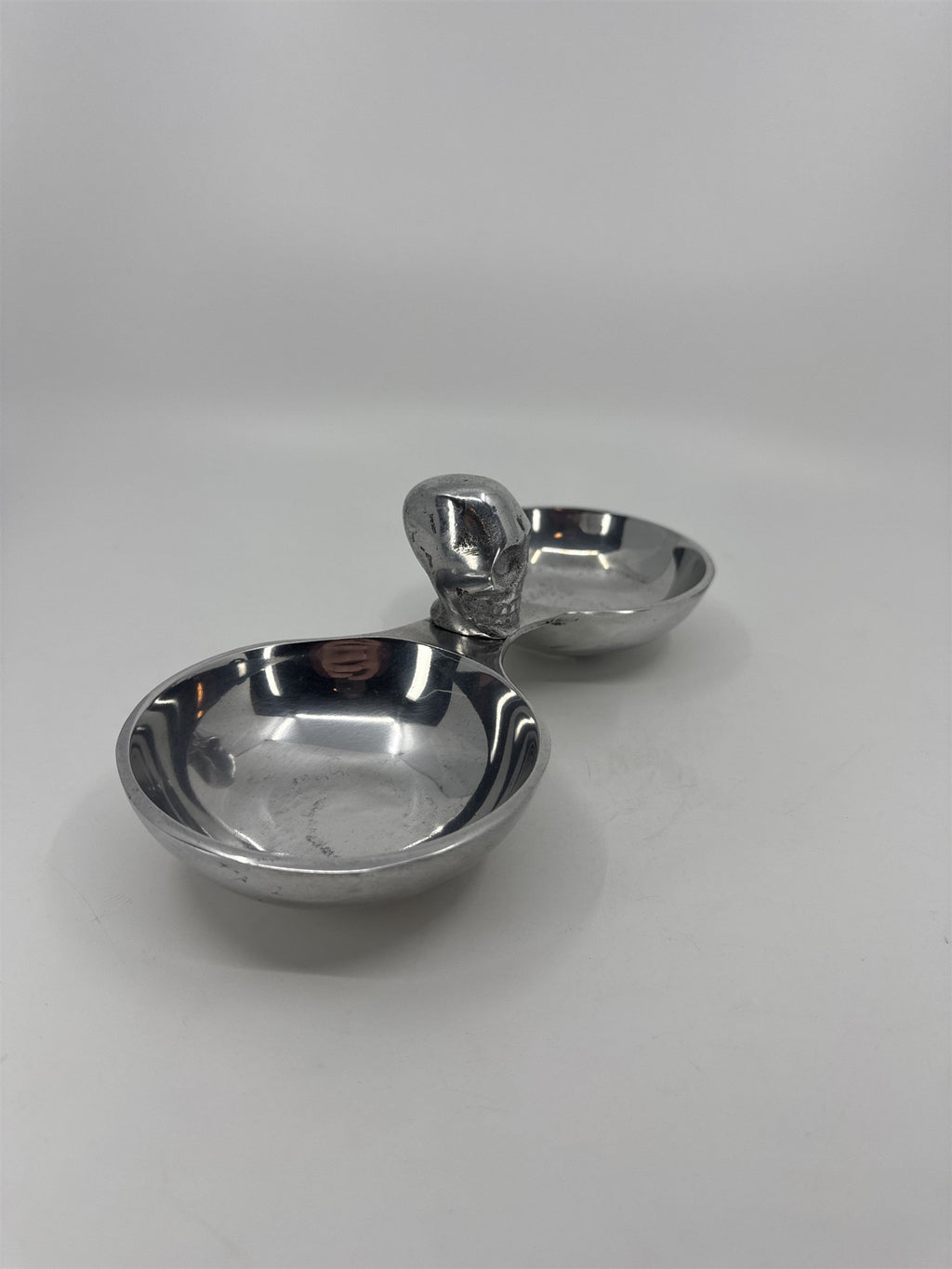 Silver-Toned Metal Snack Trinket Bowl 2-Dish Skull Center Halloween Tray India
