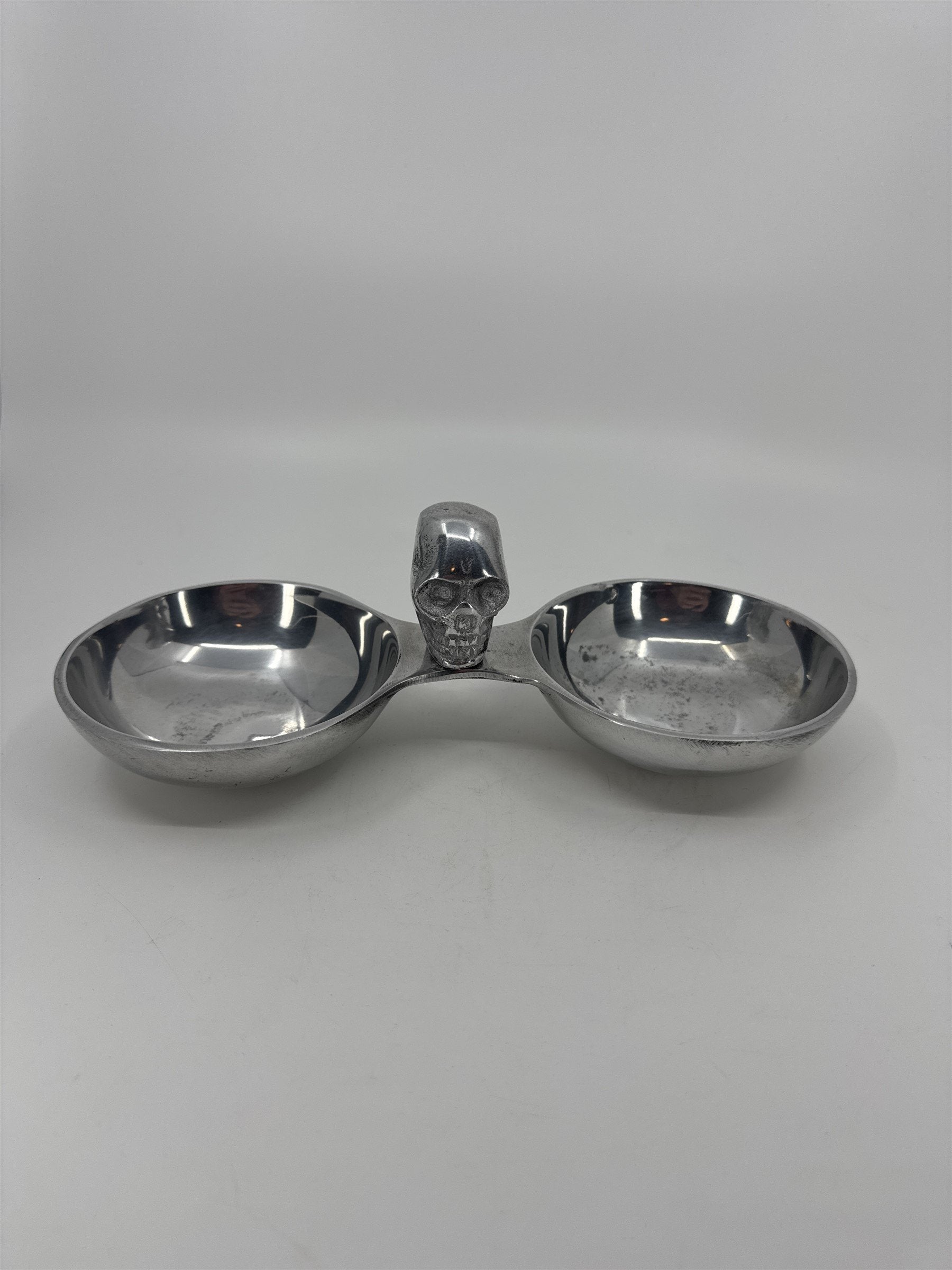 Silver-Toned Metal Snack Trinket Bowl 2-Dish Skull Center Halloween Tray India