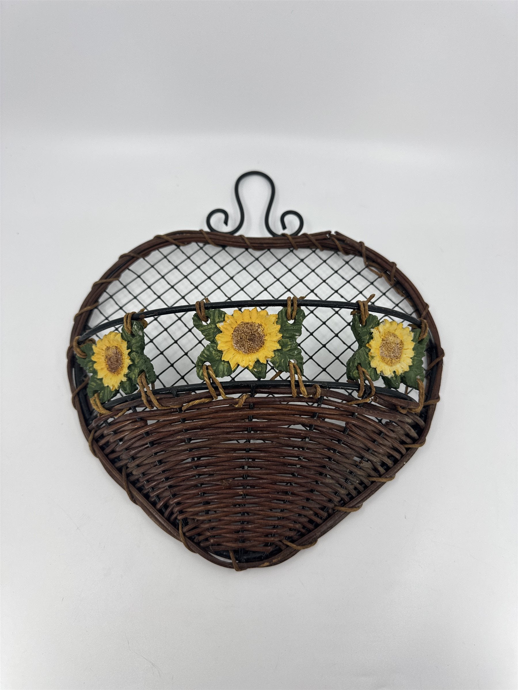 Vintage Metal and Wood Vine Wall Hanging Basket Decor /w Three Sunflowers