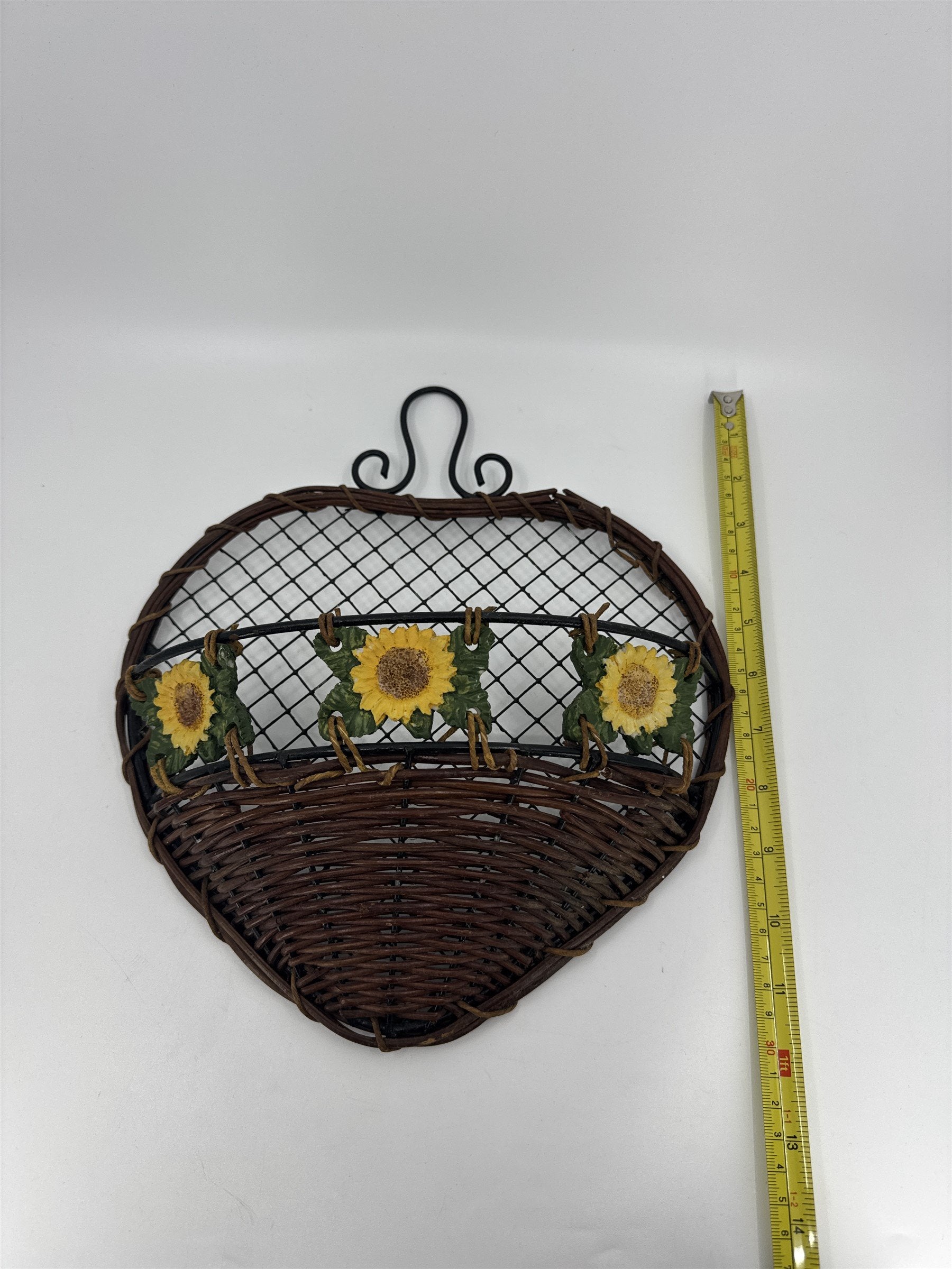 Vintage Metal and Wood Vine Wall Hanging Basket Decor /w Three Sunflowers