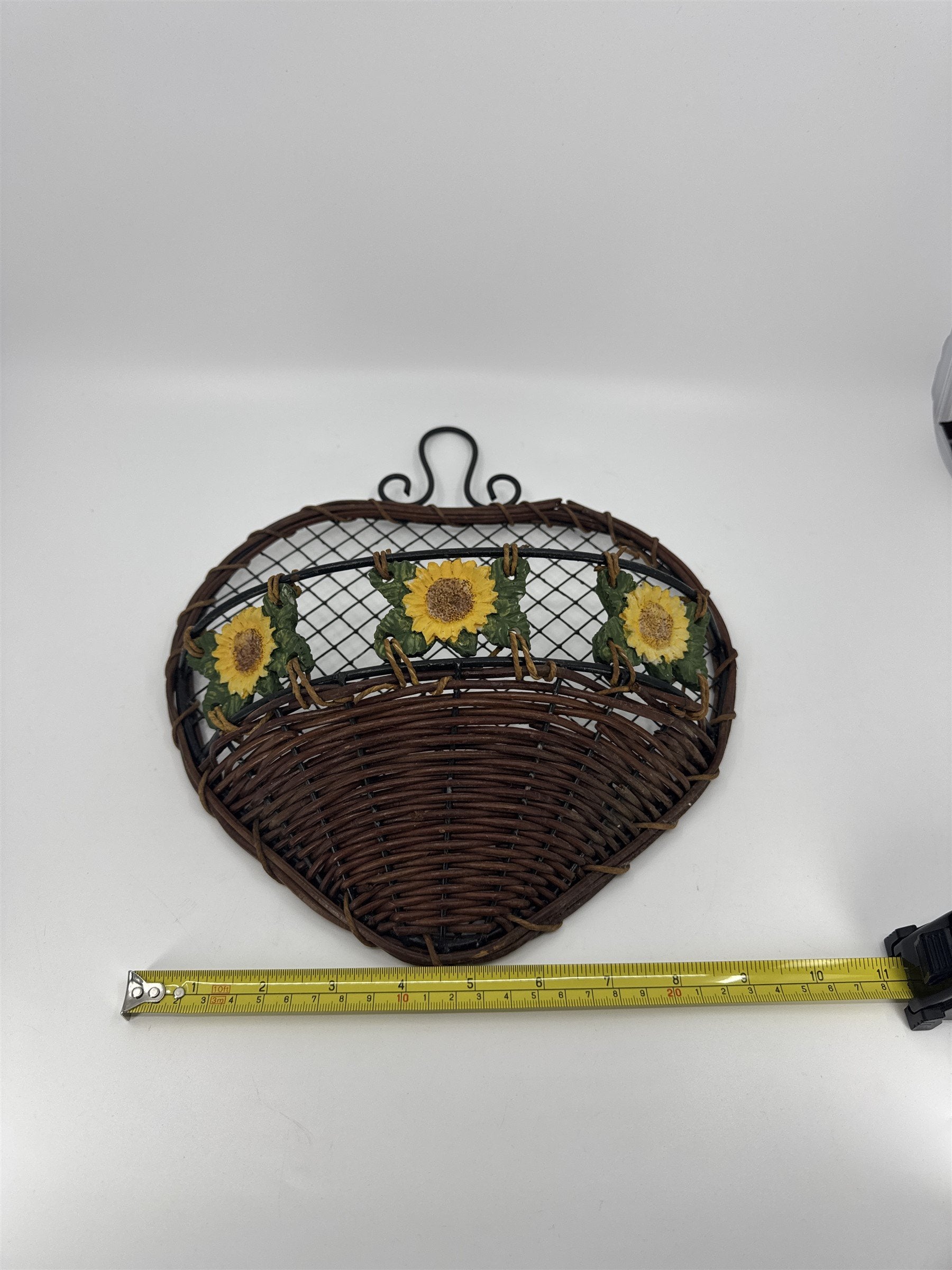 Vintage Metal and Wood Vine Wall Hanging Basket Decor /w Three Sunflowers