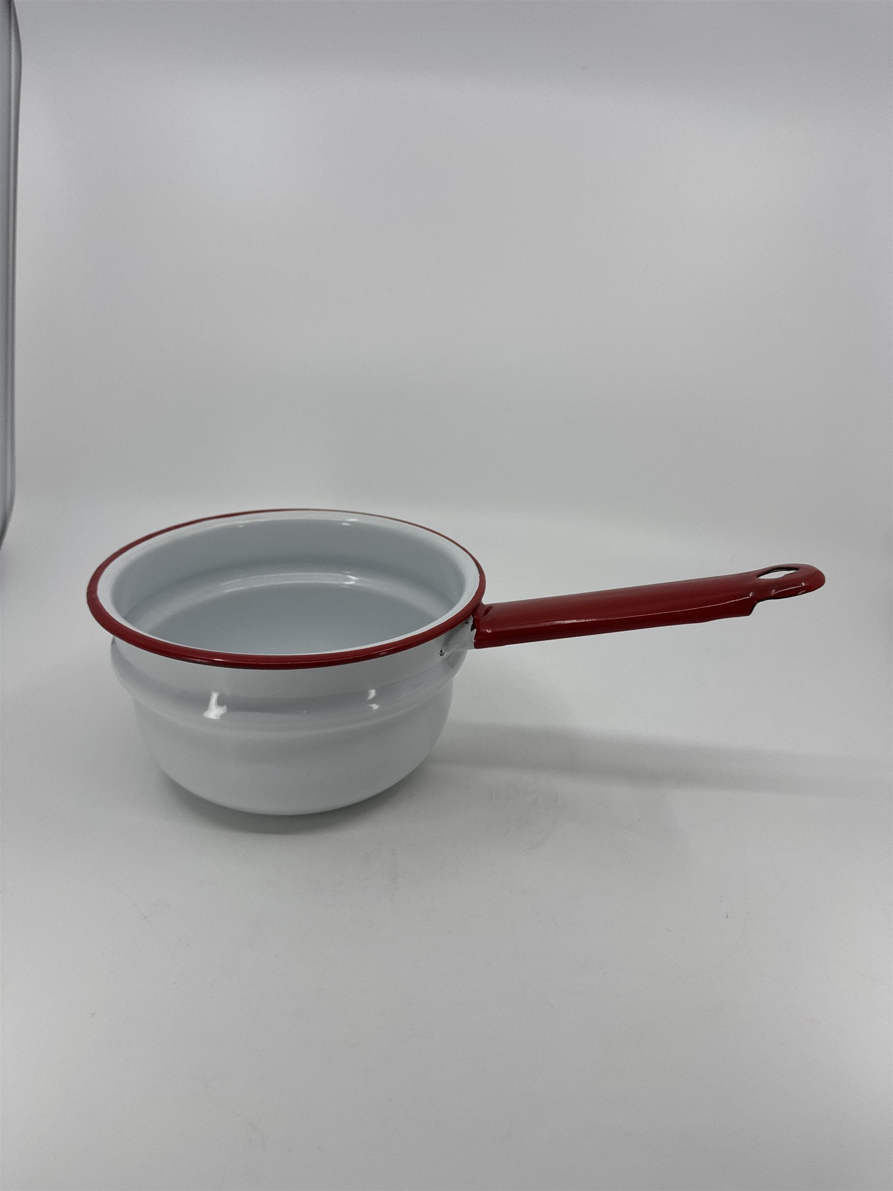Vintage Enamelware Pot Sauce Pan White Red Kitchen Farmhouse Decor