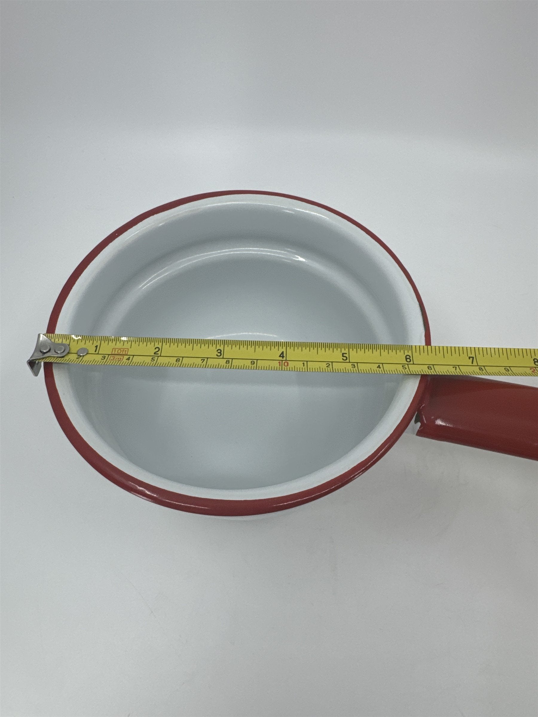 Vintage Enamelware Pot Sauce Pan White Red Kitchen Farmhouse Decor