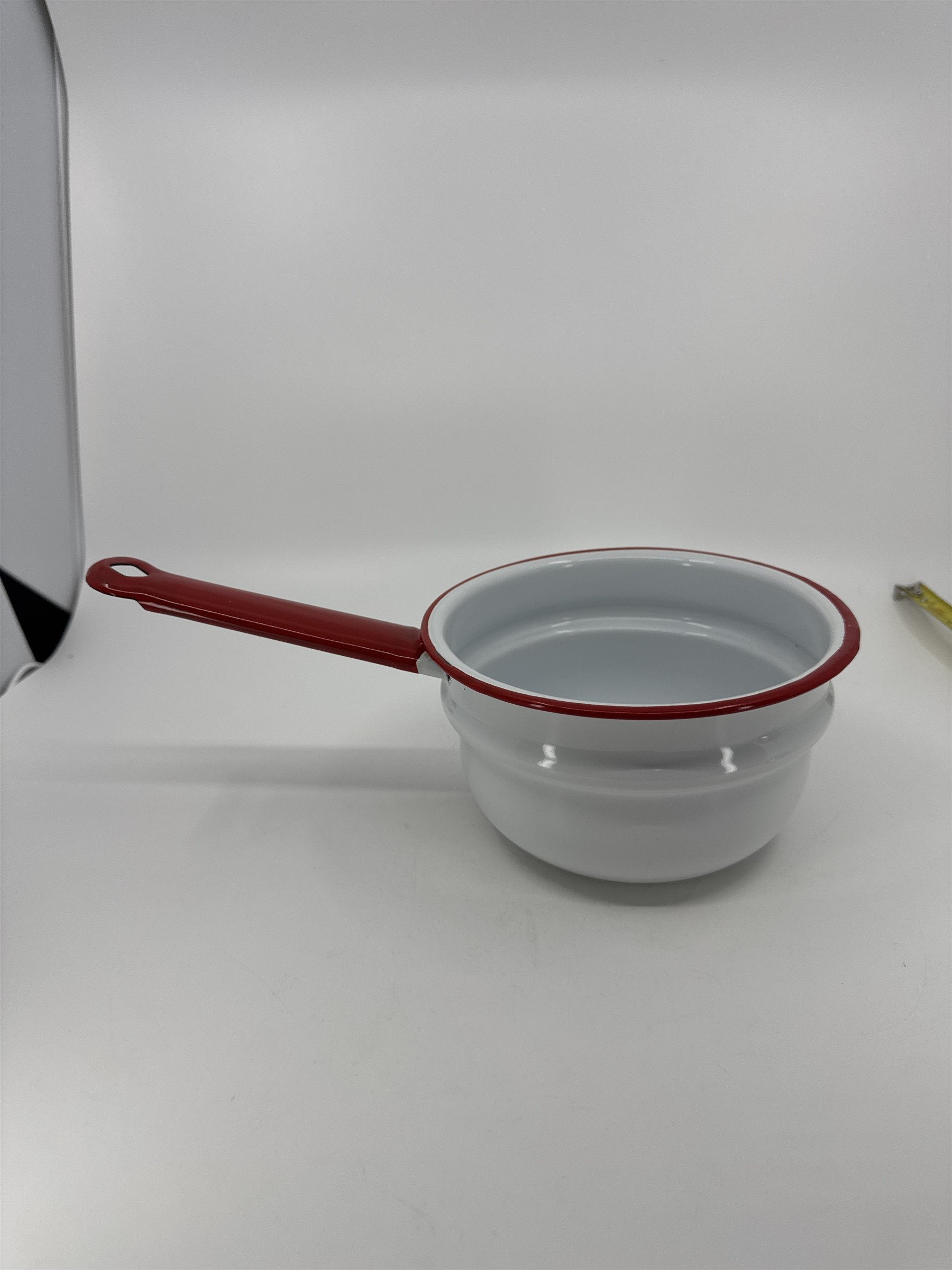 Vintage Enamelware Pot Sauce Pan White Red Kitchen Farmhouse Decor