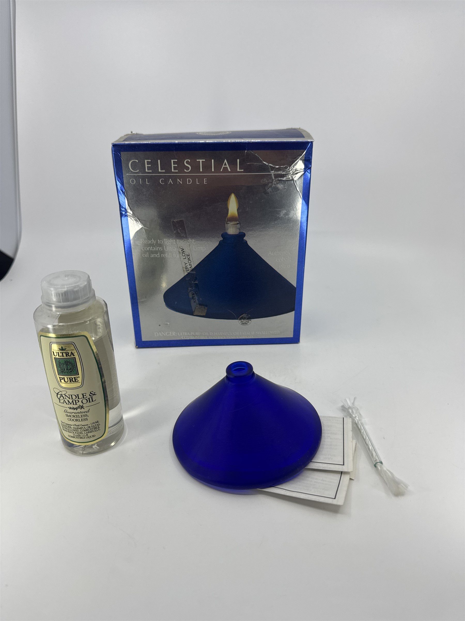 NOS Celestial Cobalt Glass Oil Candle /w Wick and Oil