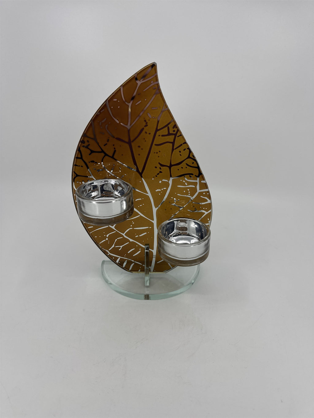 Glass Leaf Orange/Brown Mirror Two Tealight Candle Votive Holder Display Safari