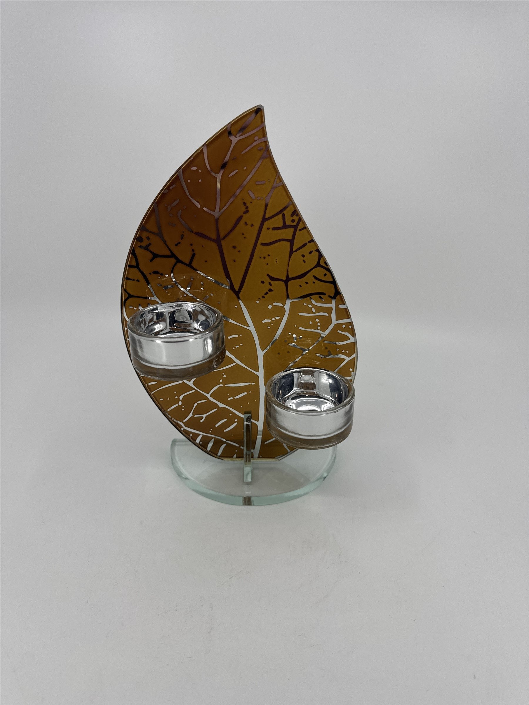Glass Leaf Orange/Brown Mirror Two Tealight Candle Votive Holder Display Safari