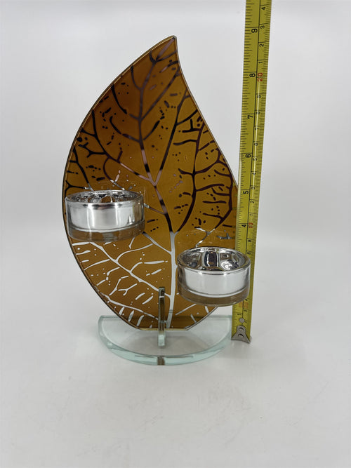 Glass Leaf Orange/Brown Mirror Two Tealight Candle Votive Holder Display Safari