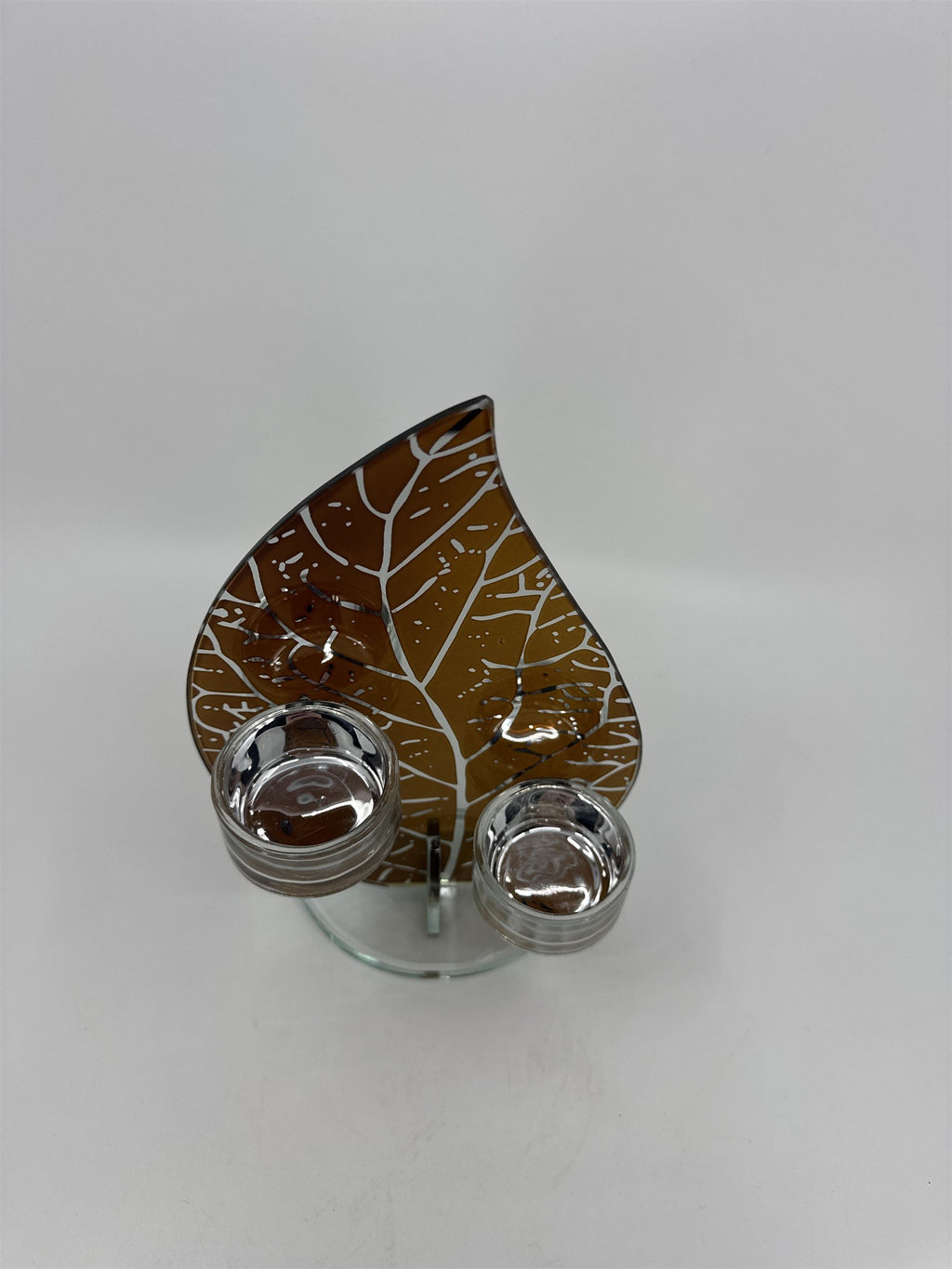 Glass Leaf Orange/Brown Mirror Two Tealight Candle Votive Holder Display Safari