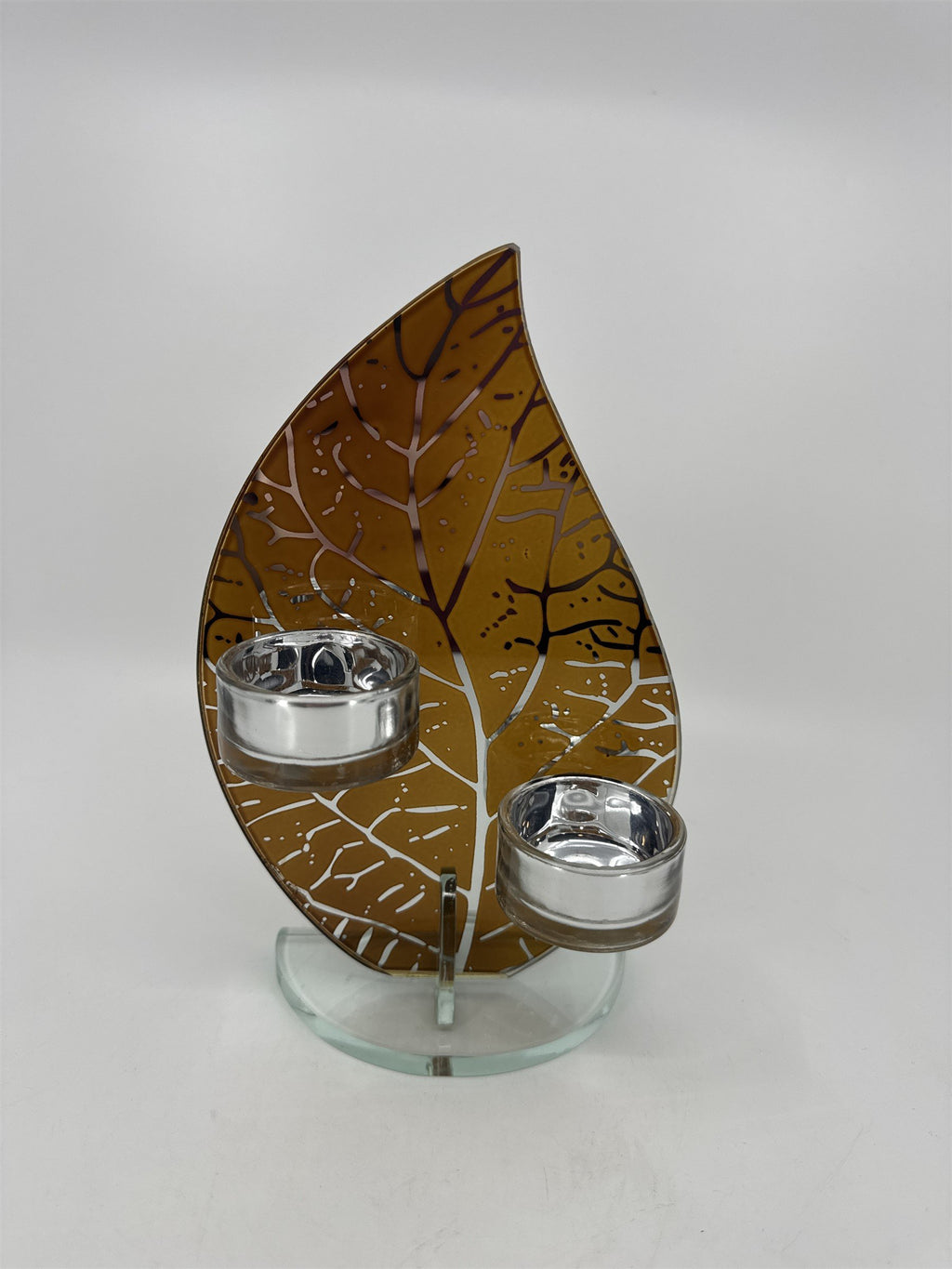 Glass Leaf Orange/Brown Mirror Two Tealight Candle Votive Holder Display Safari