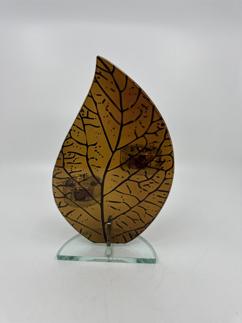 Glass Leaf Orange/Brown Mirror Two Tealight Candle Votive Holder Display Safari