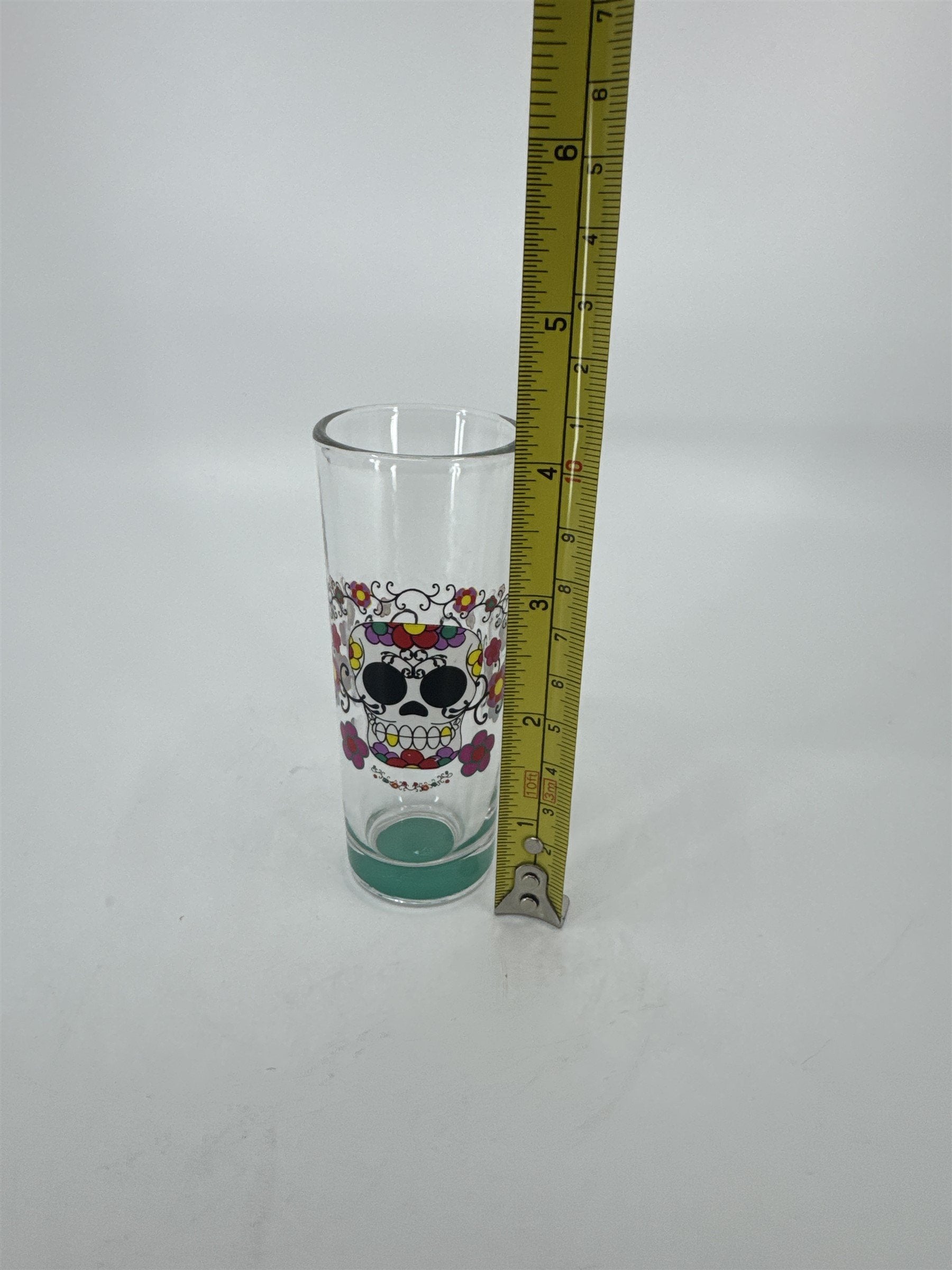 Sugar Skull Shot Shooter Glass /w Aquamarine Blue Painted Bottom Color Marker