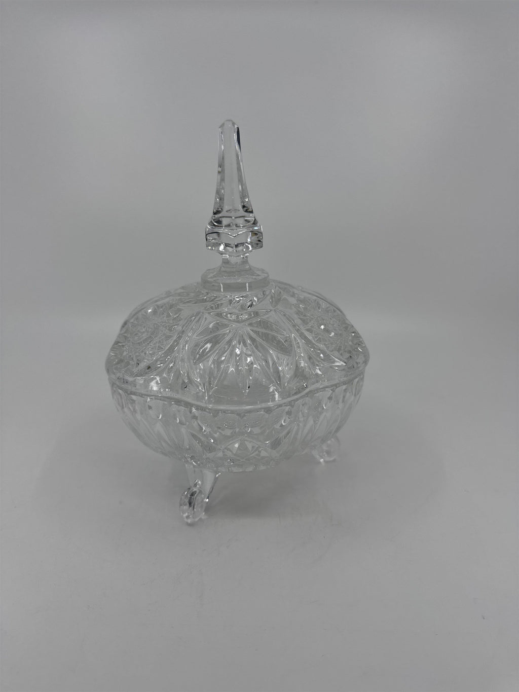 Vintage Hand Cut Glass Lead Crystal Covered Candy Dish Patterns Steeple 8" Tall