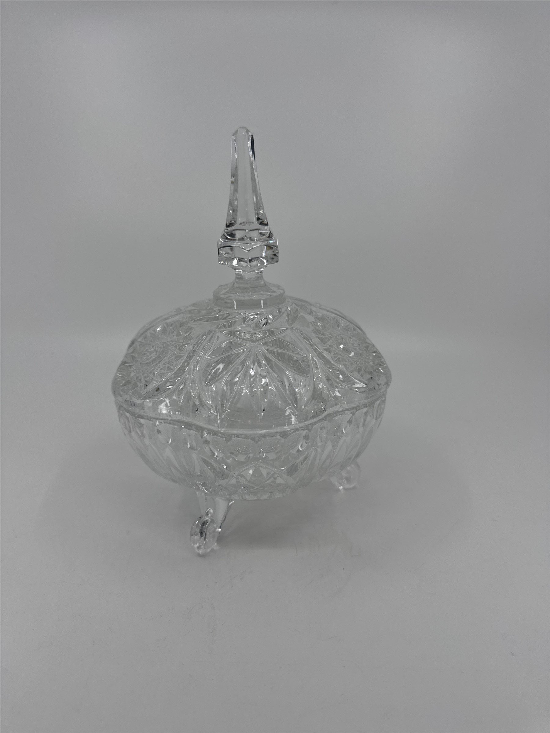 Vintage Hand Cut Glass Lead Crystal Covered Candy Dish Patterns Steeple 8" Tall